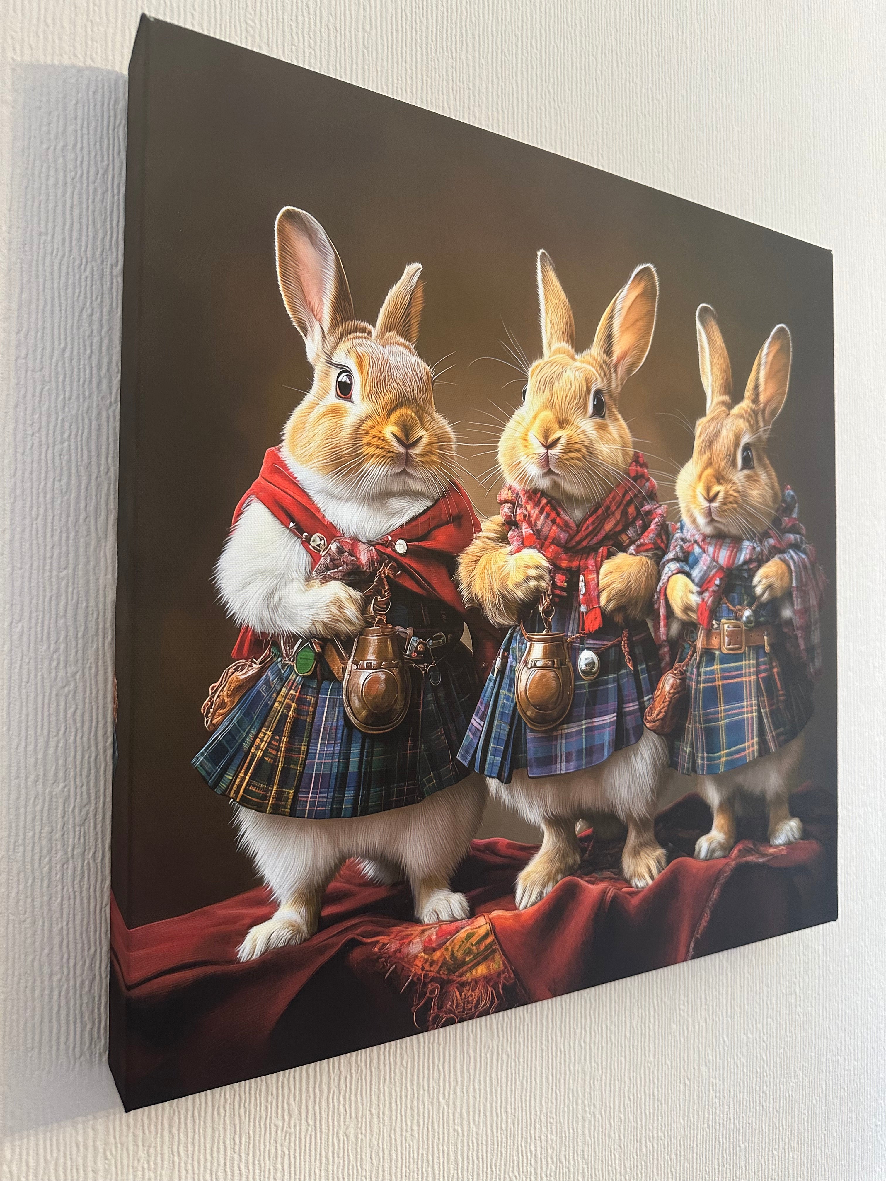 Wall art of rabbits in Scottish attire on a dark background