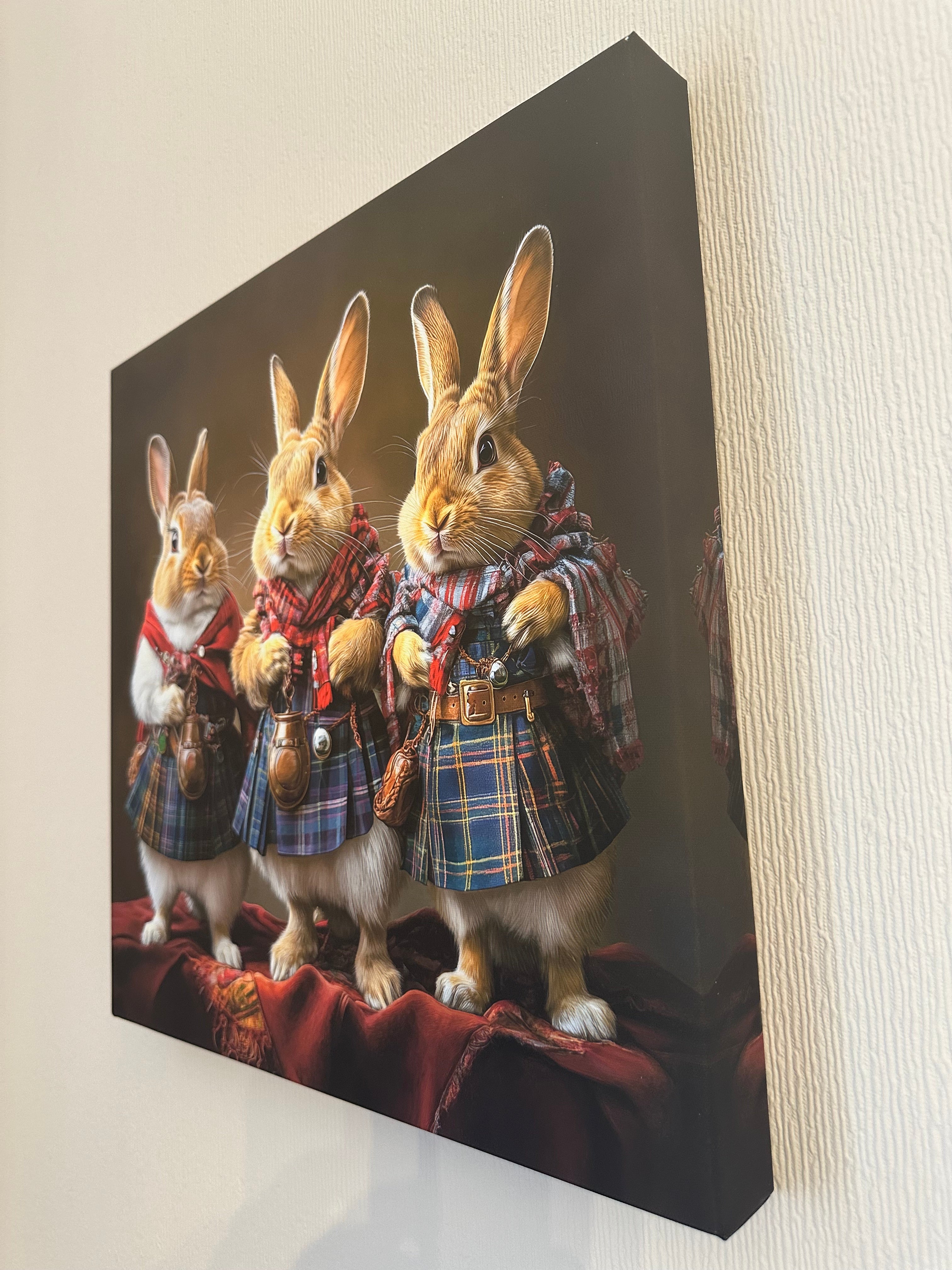 Canvas print of rabbits in plaid clothing on a textured wall.