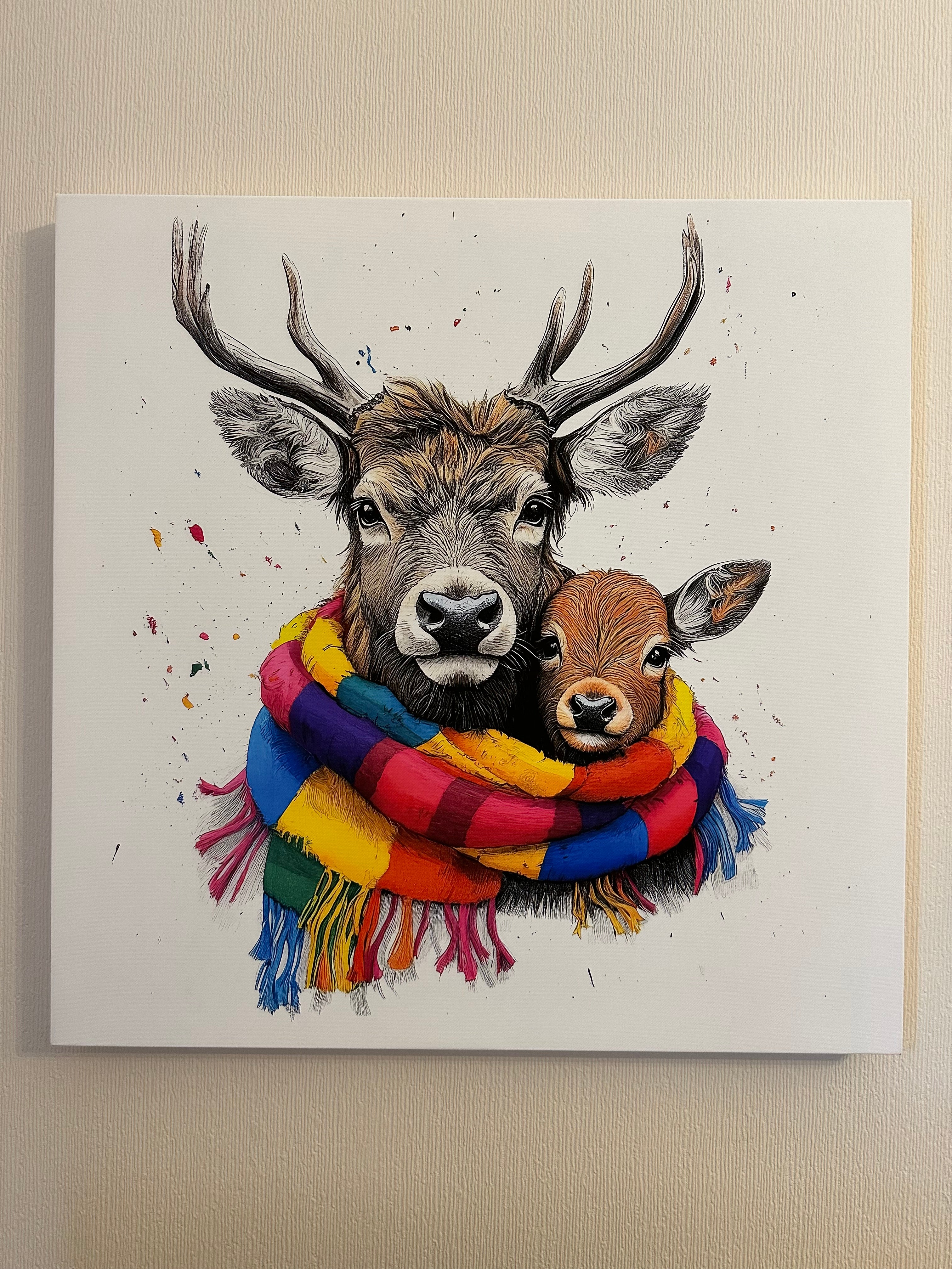 Illustration of two deer with a colourful scarf on a beige background