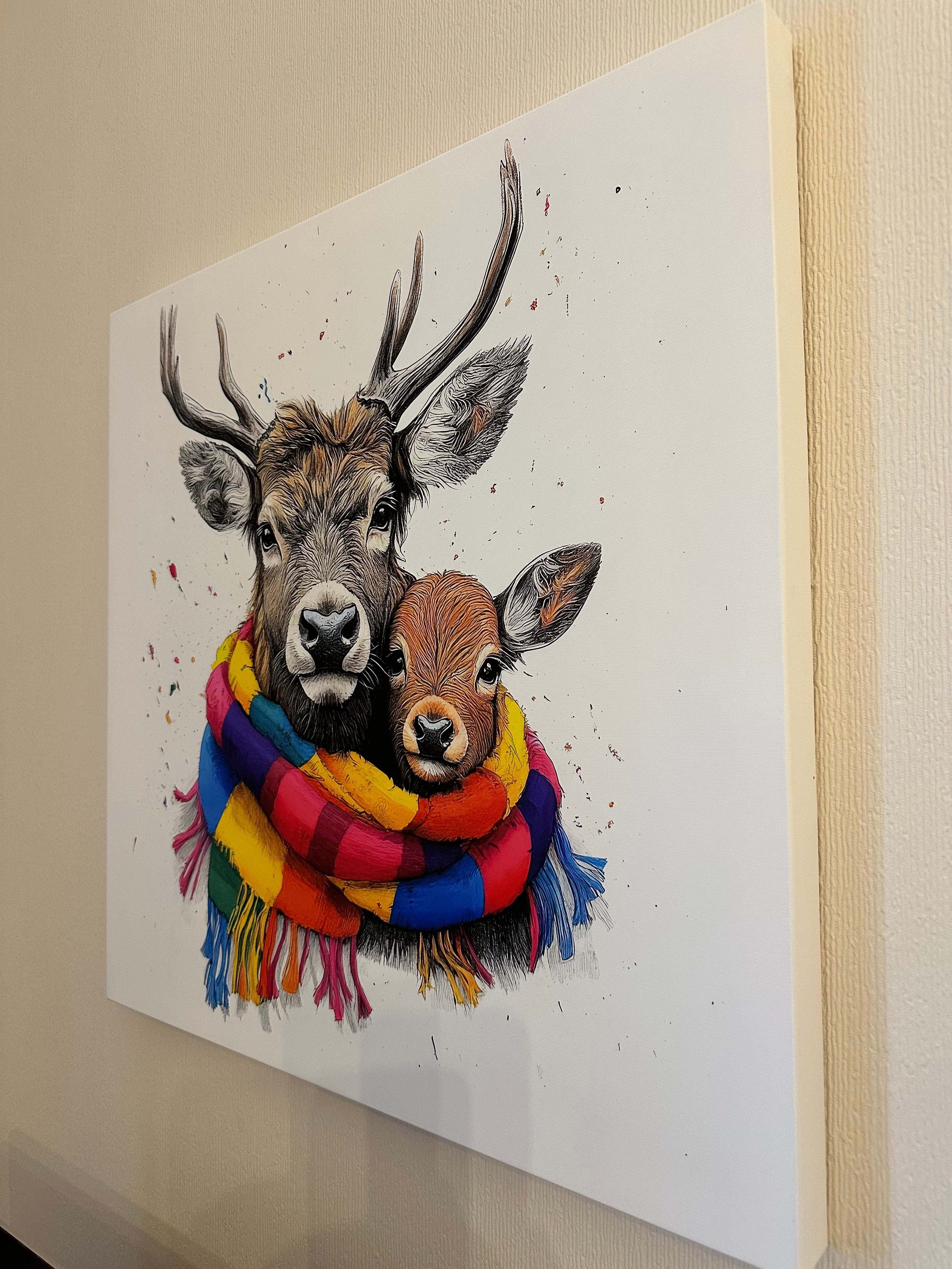Colorful abstract art piece with animal elements on a white background