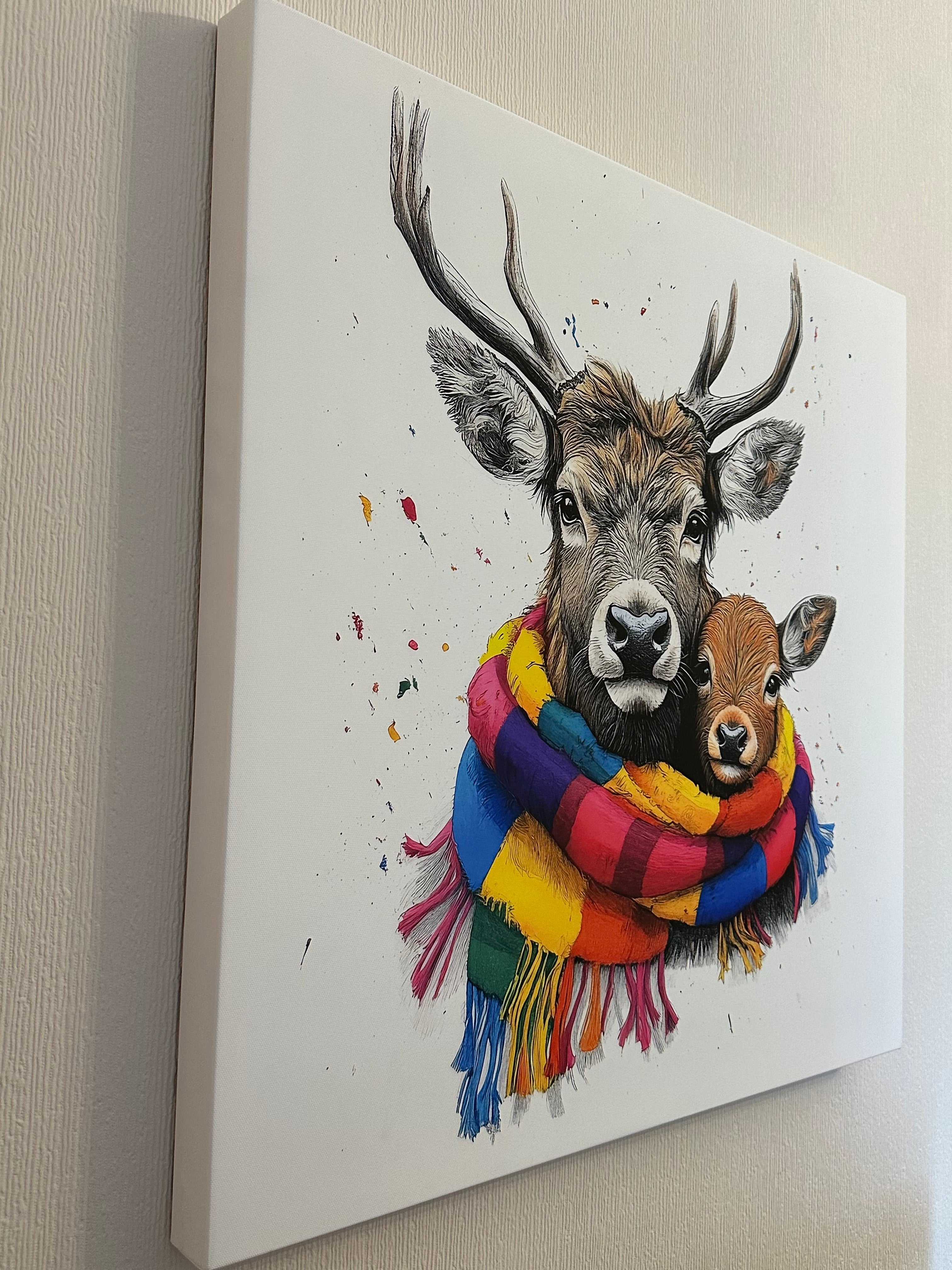 Canvas print with a deer and colorful scarf design on a white background