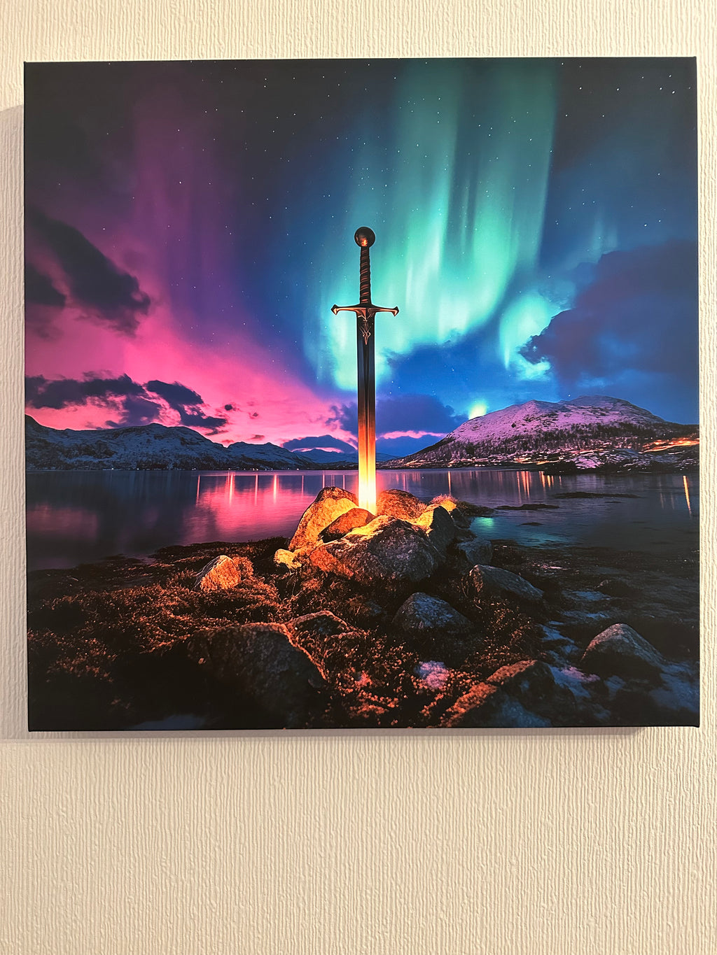 Sword in stone with Northern Lights in the background on a textured wall.