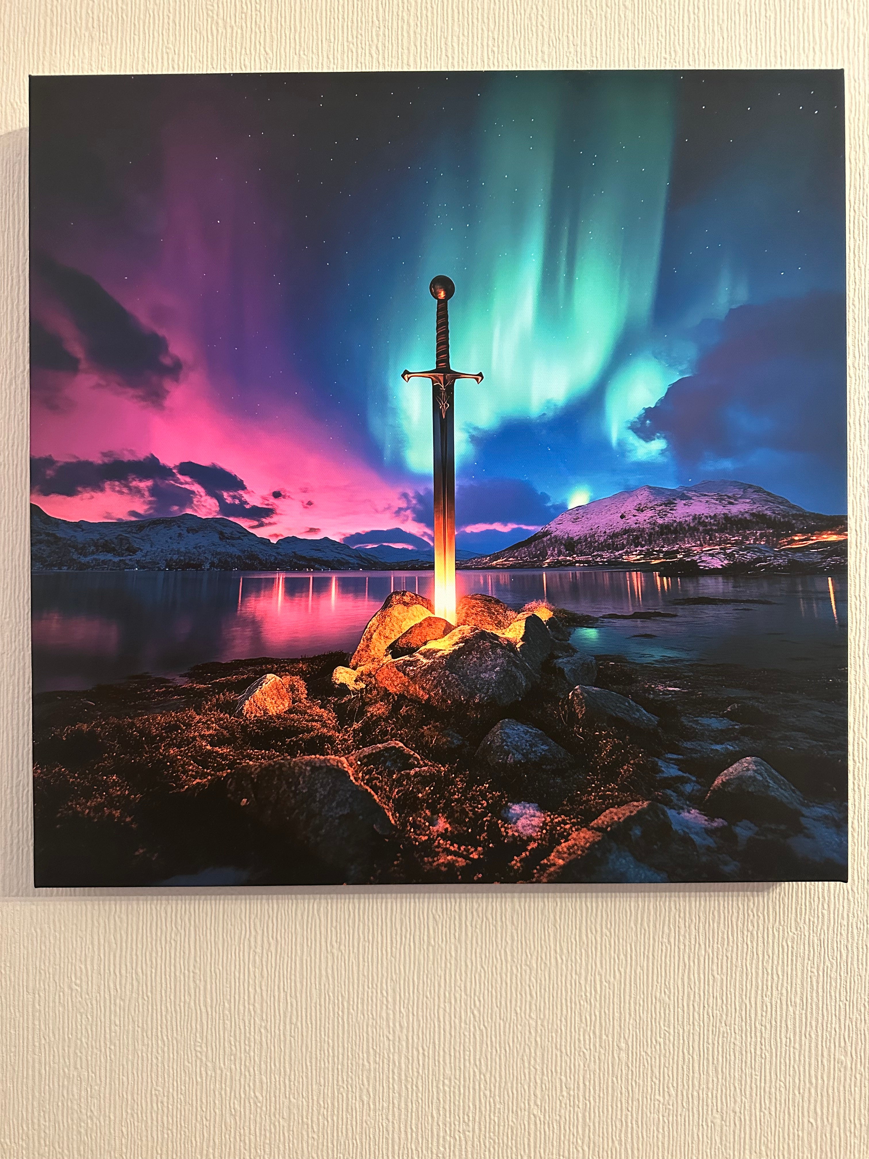 Sword in stone with Northern Lights in the background on a textured wall.