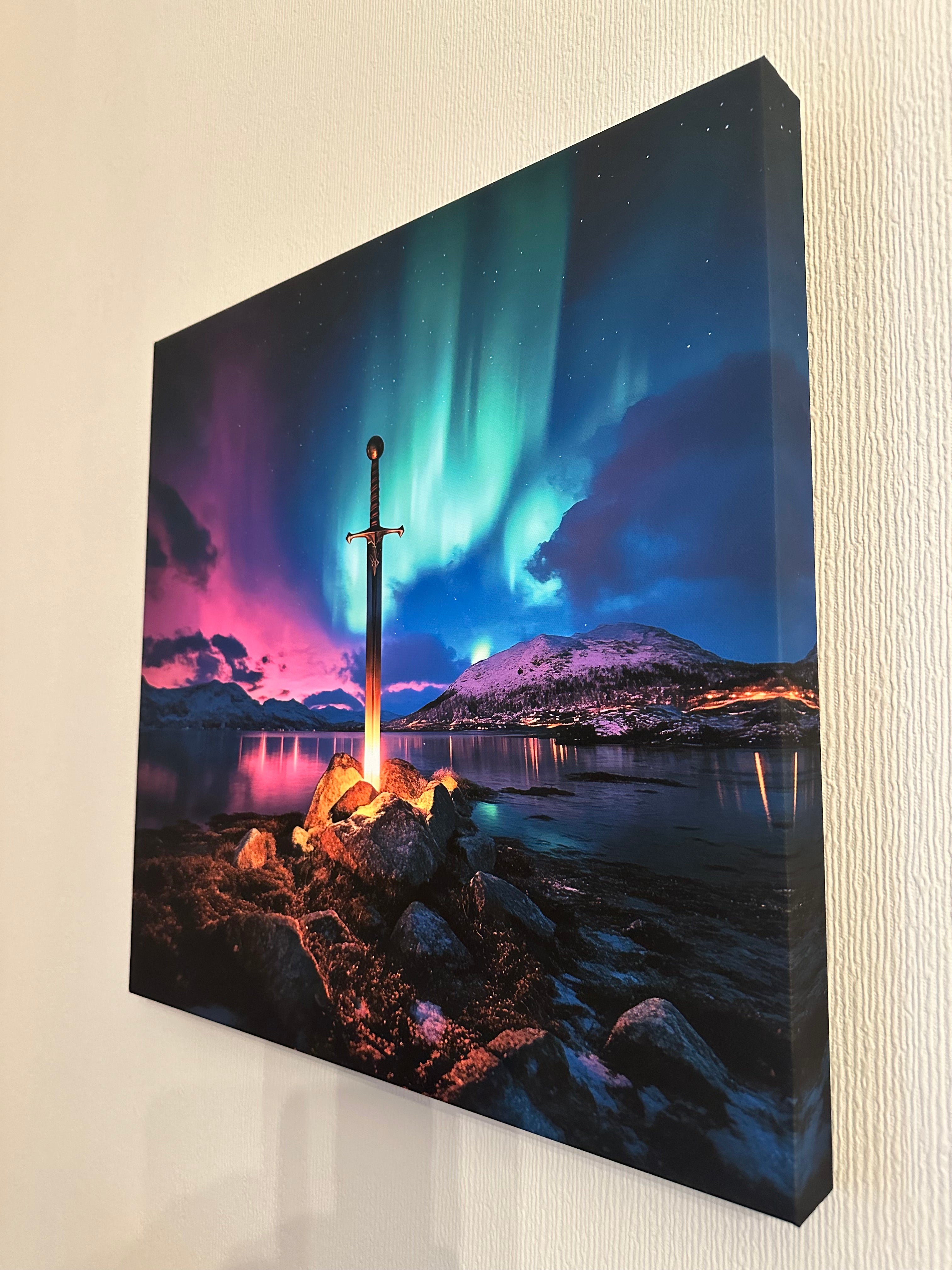 Canvas print of a sword in a stone with a fantasy landscape