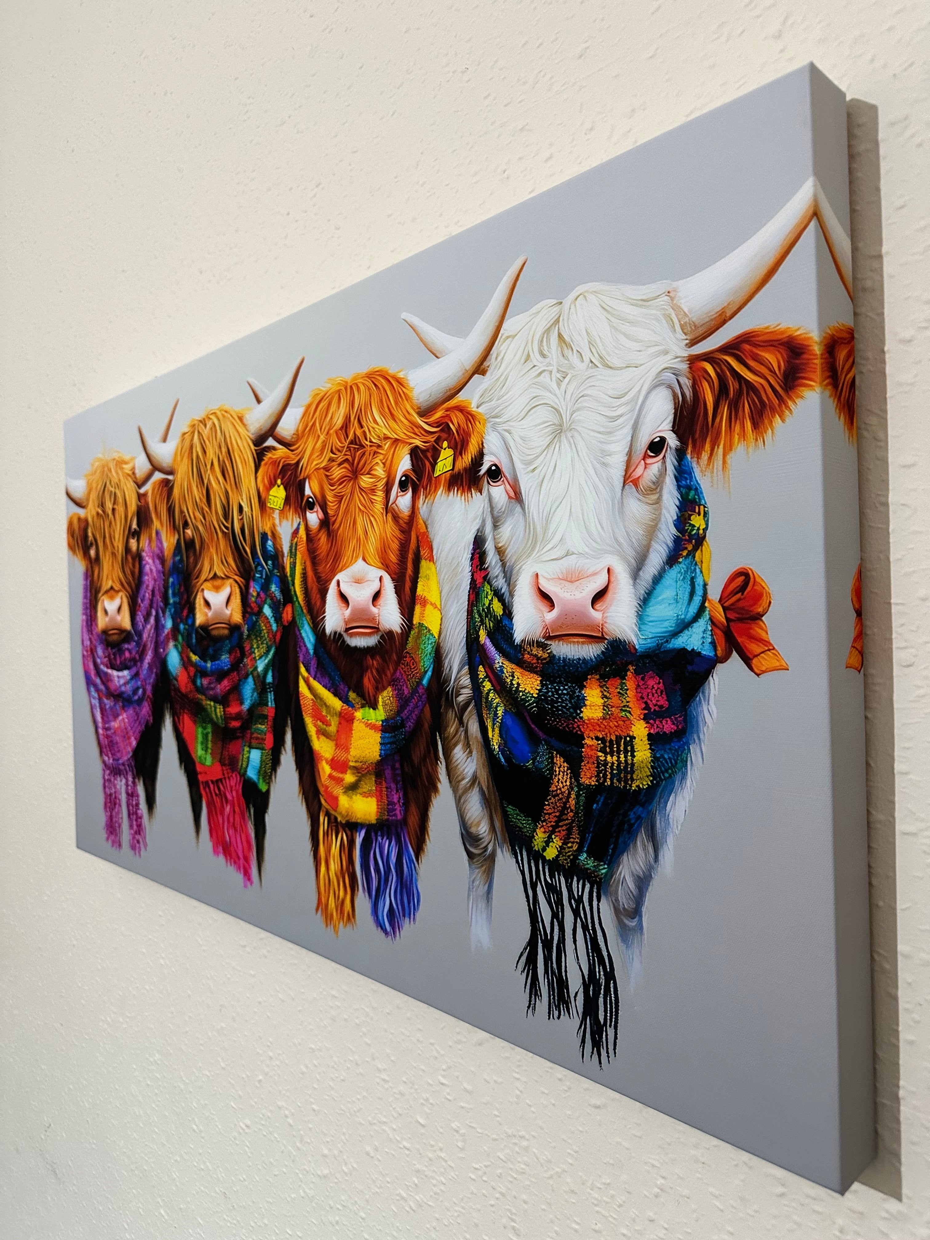 Colorful depiction of a cow wearing a plaid scarf on a light gray background