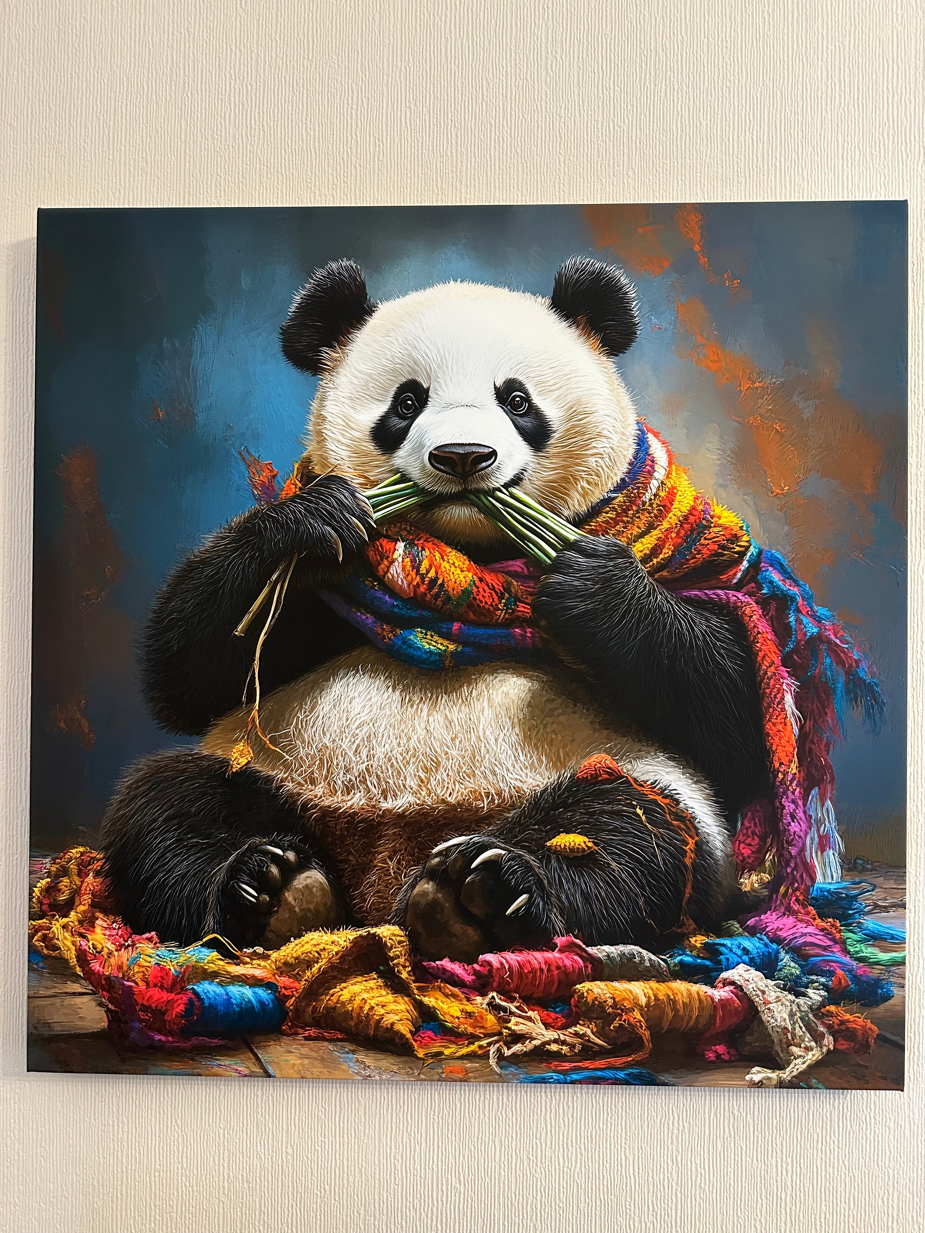 Panda bear wrapped in colorful fabric on a textured wall