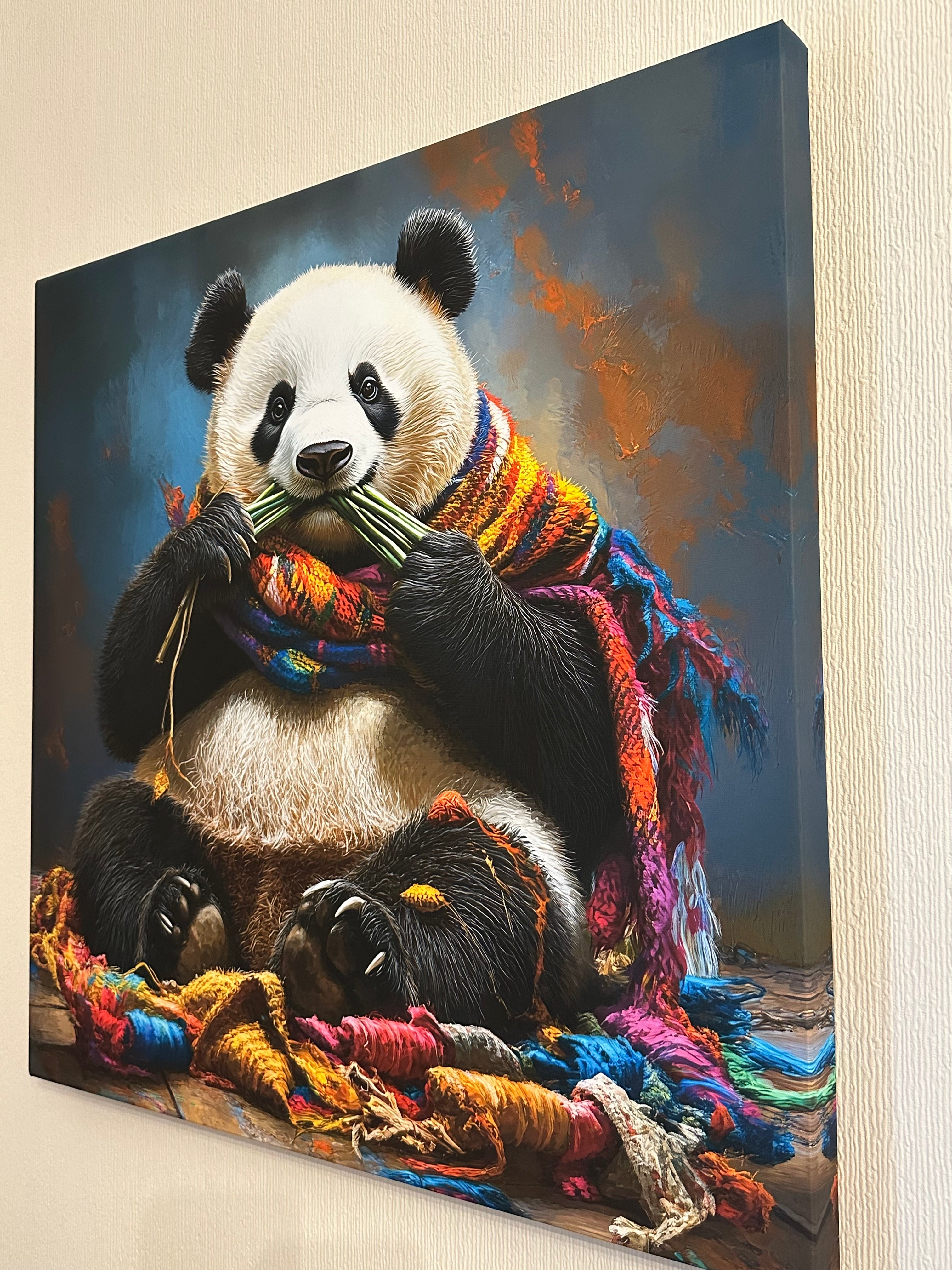 Panda bear wrapped in a colorful blanket with a dark blue background