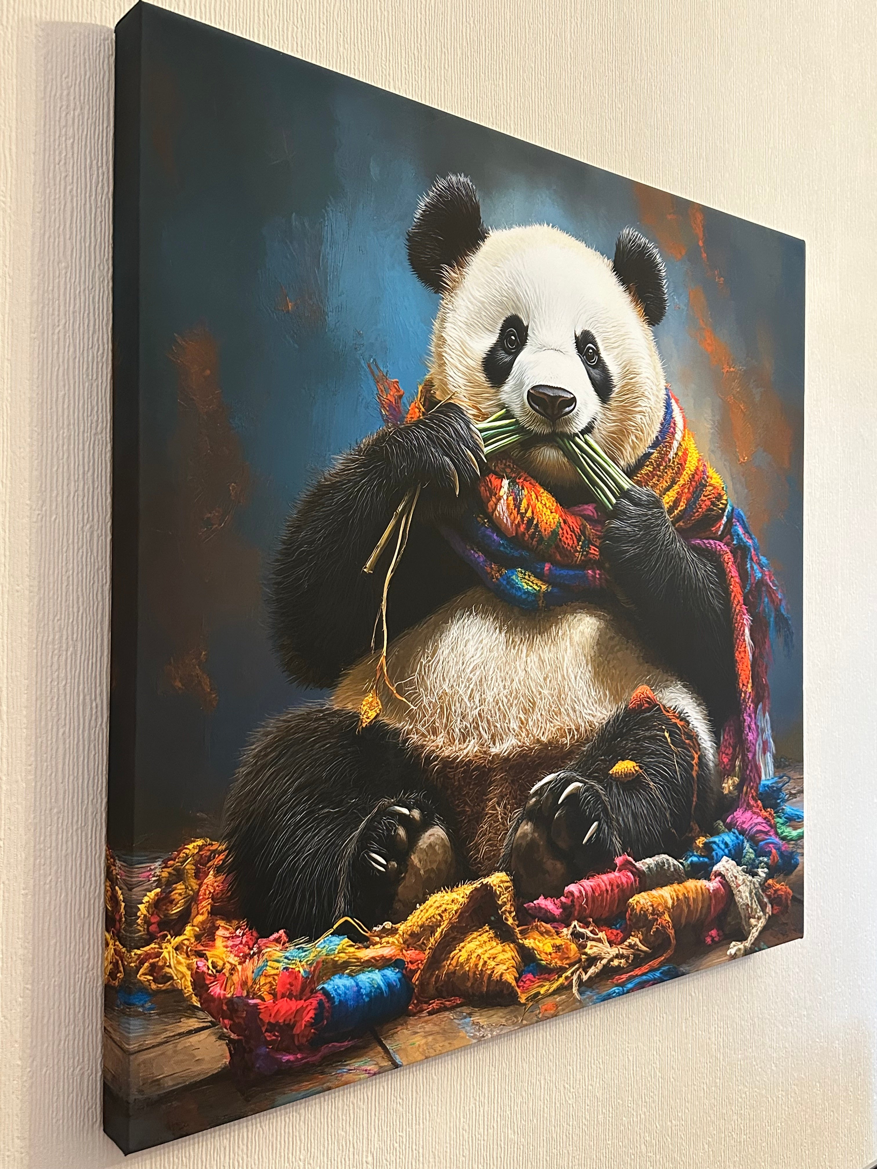 Canvas print of a panda with colorful fabric on a wooden surface