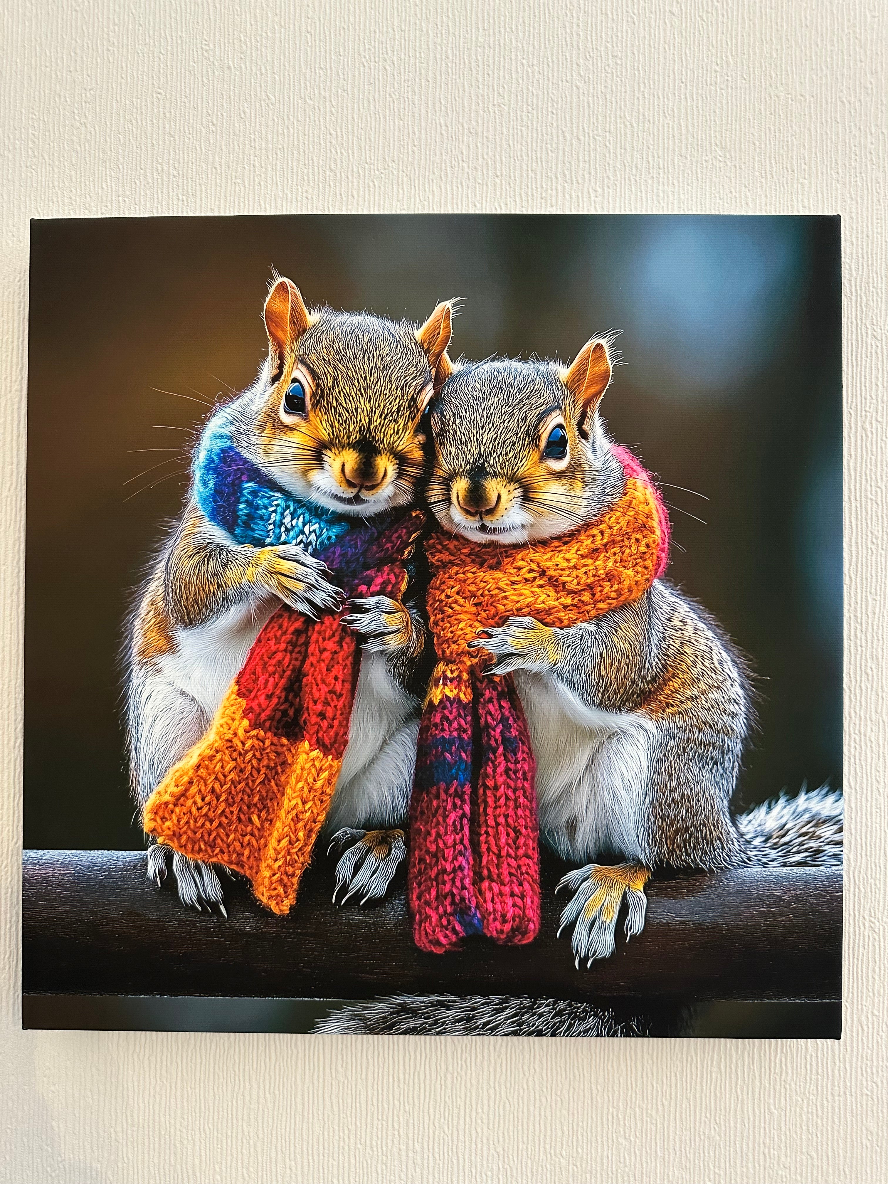 Two squirrels wearing colorful scarves on a textured wall background