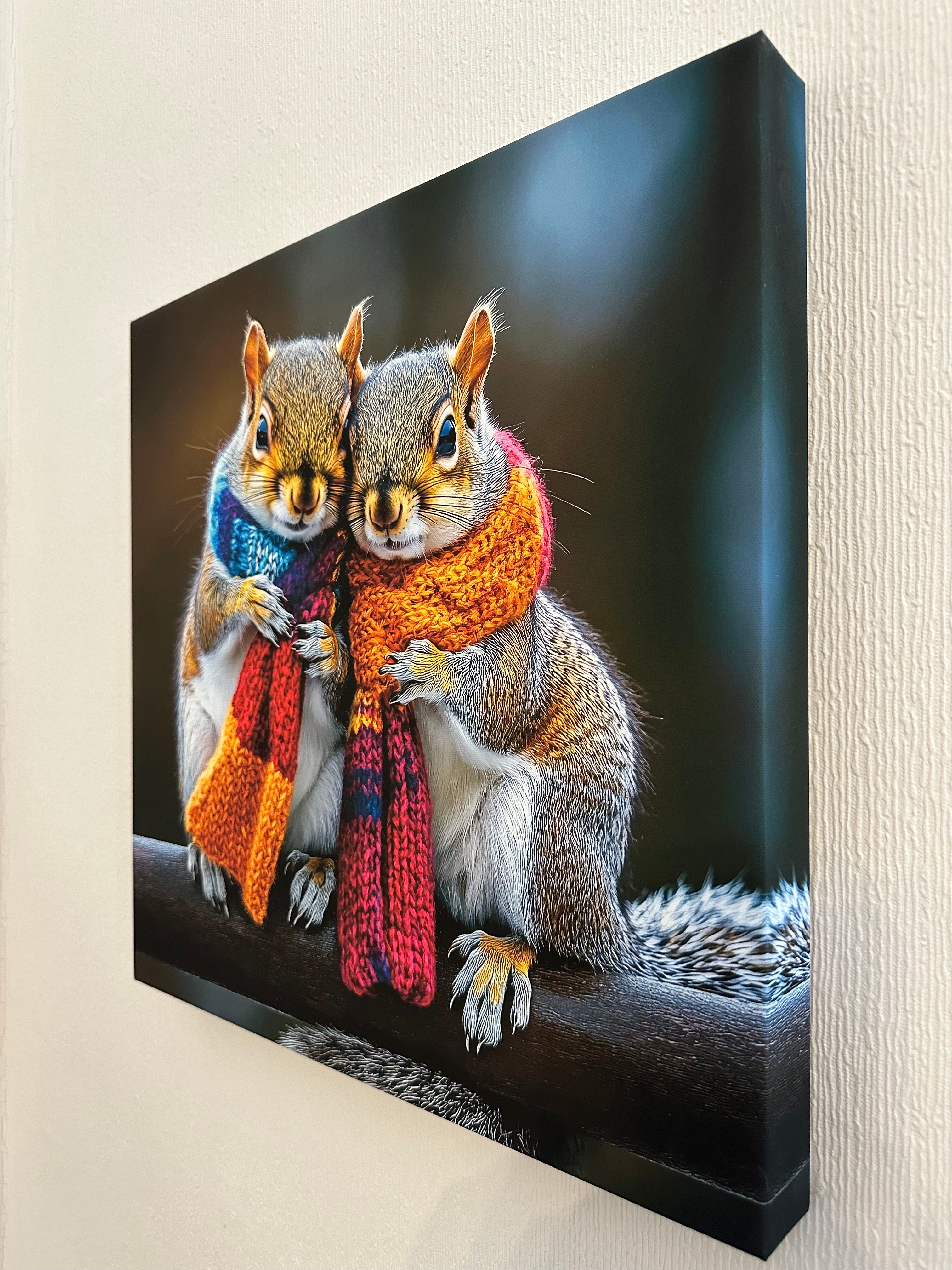 Canvas print of a squirrel wearing colorful scarves on a textured wall.