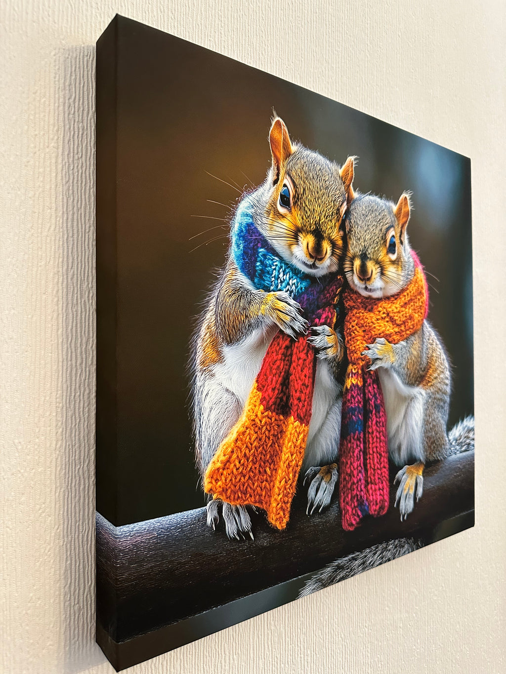Canvas print of two squirrels wearing colorful scarves on a wooden surface.