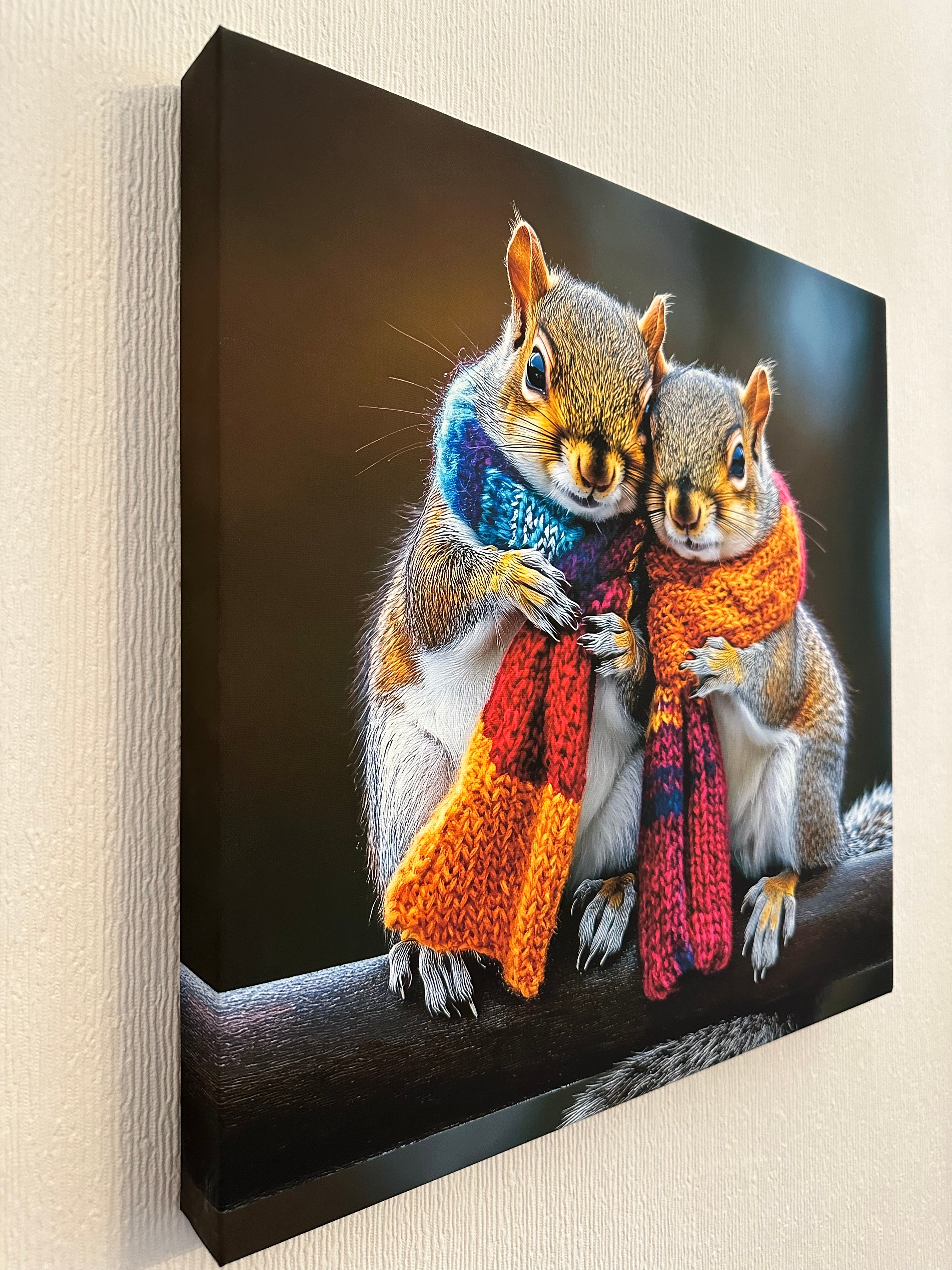Canvas print of two squirrels wearing colorful scarves on a wooden surface.