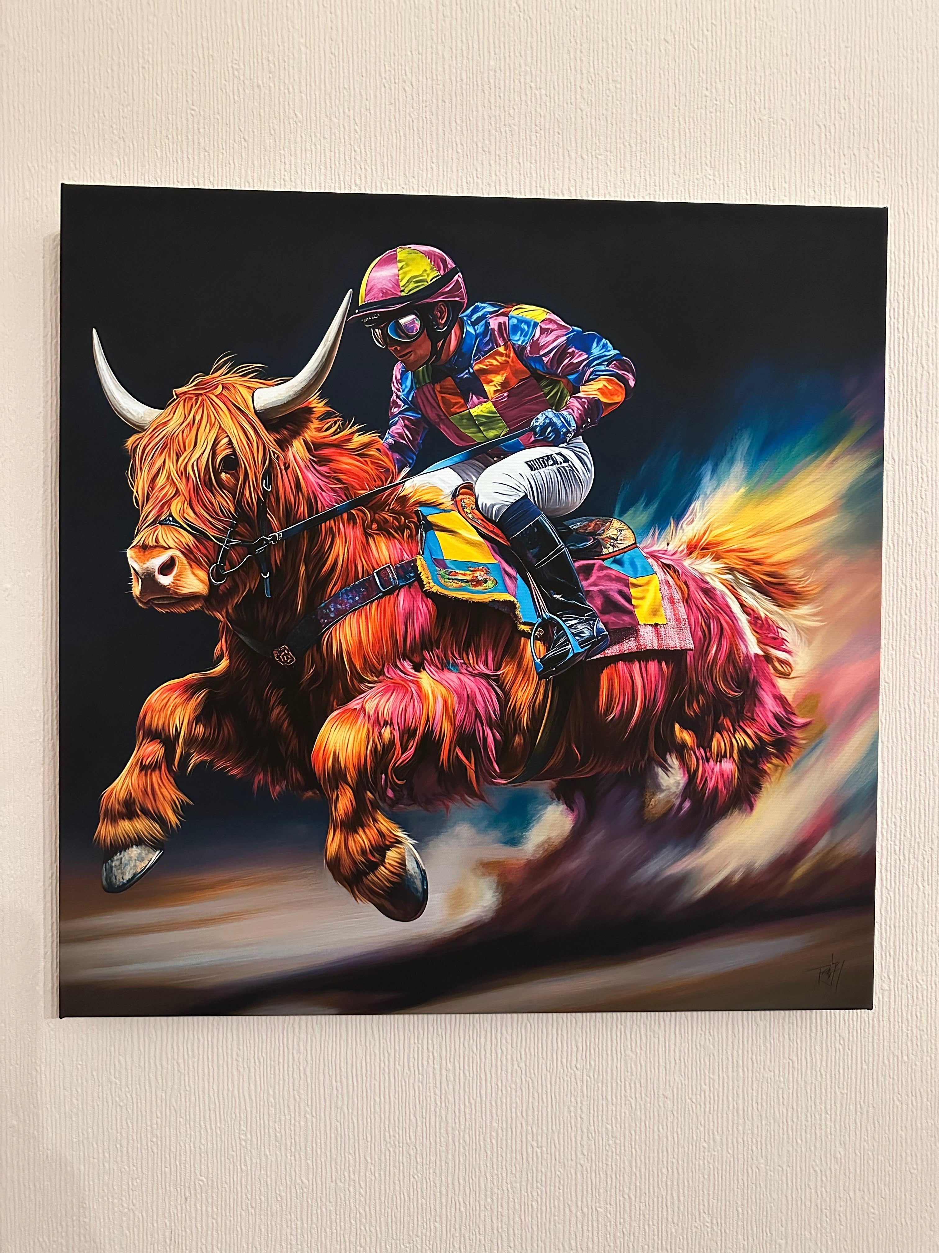 Colorful painting of a person riding a Highland cow on a textured wall.