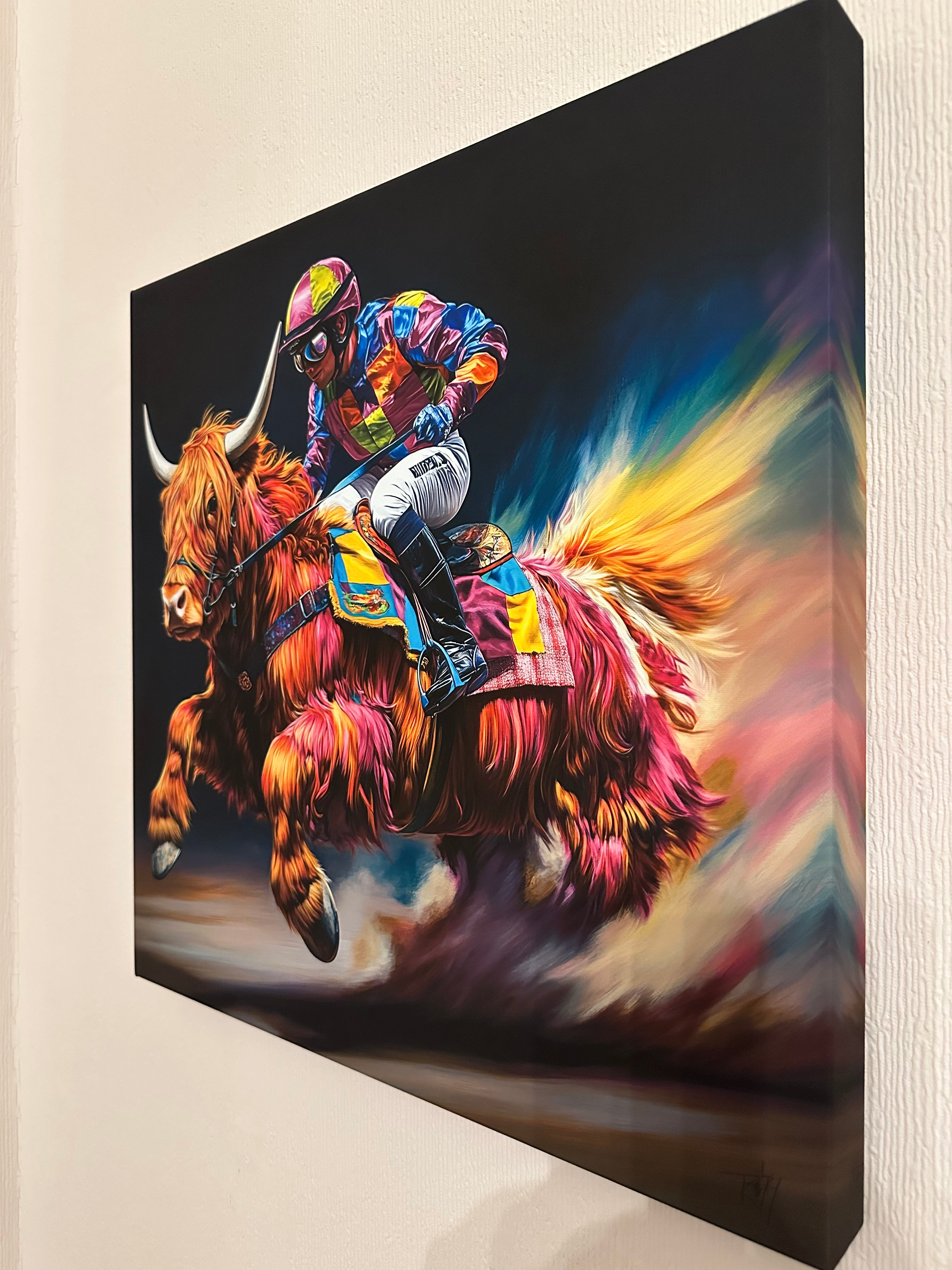 Colourful abstract painting of a person  on a highland cow