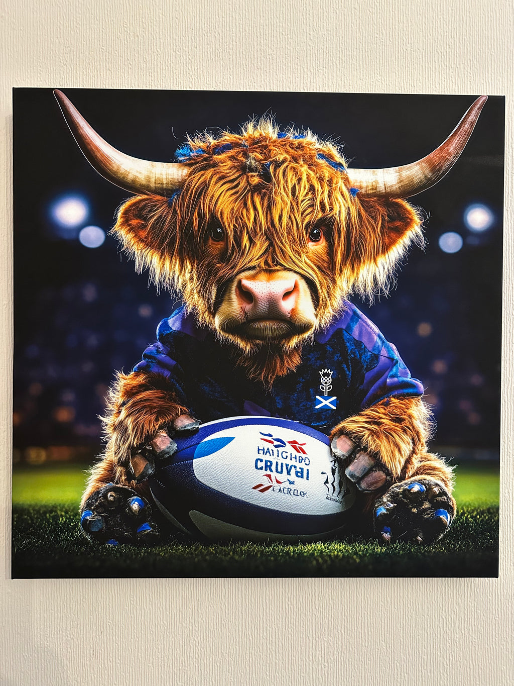 Highland cow in a blue jacket holding a rugby ball with a visible brand logo on a textured wall background.
