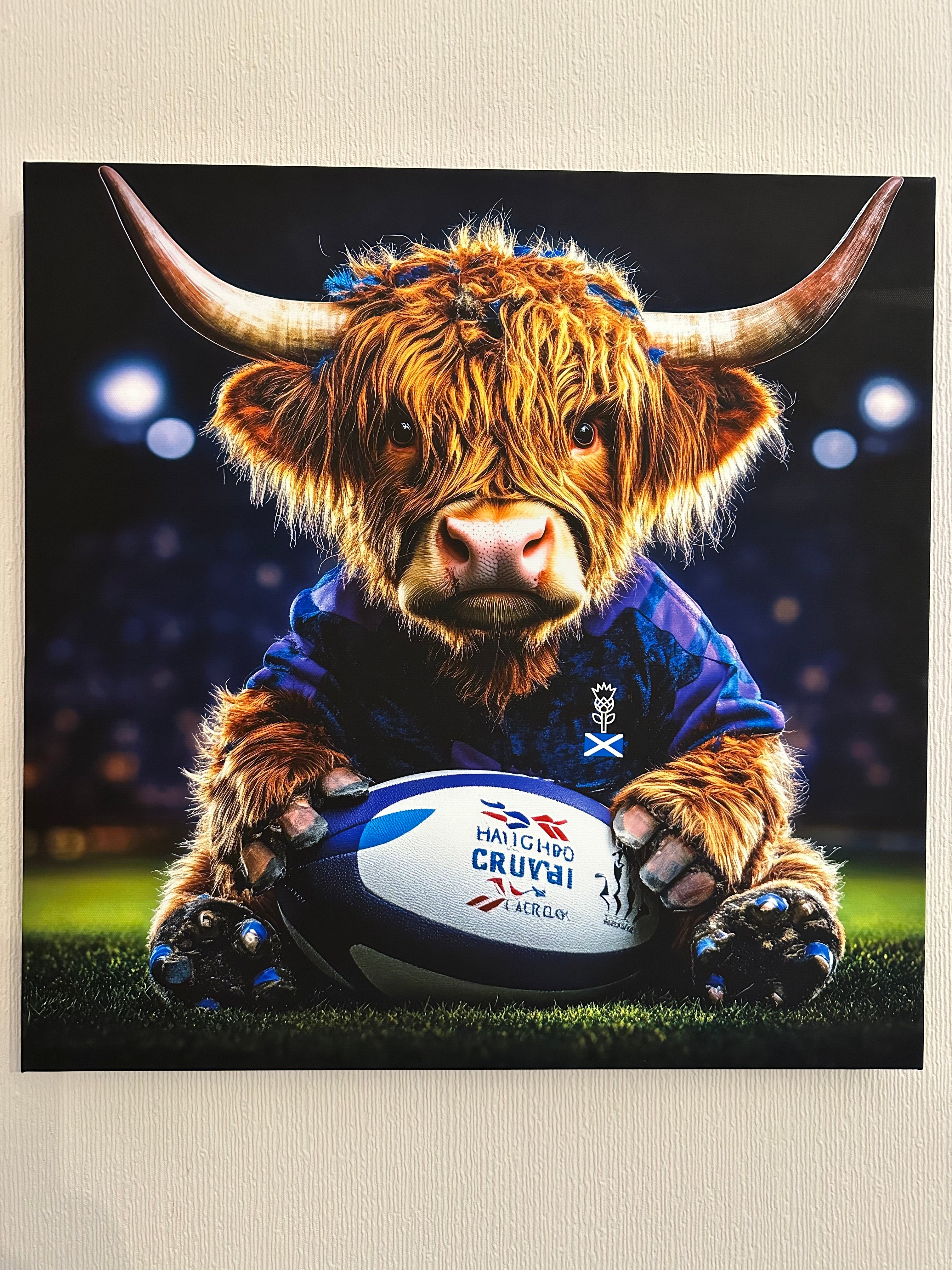 Highland cow in a blue jacket holding a rugby ball with a visible brand logo on a textured wall background.