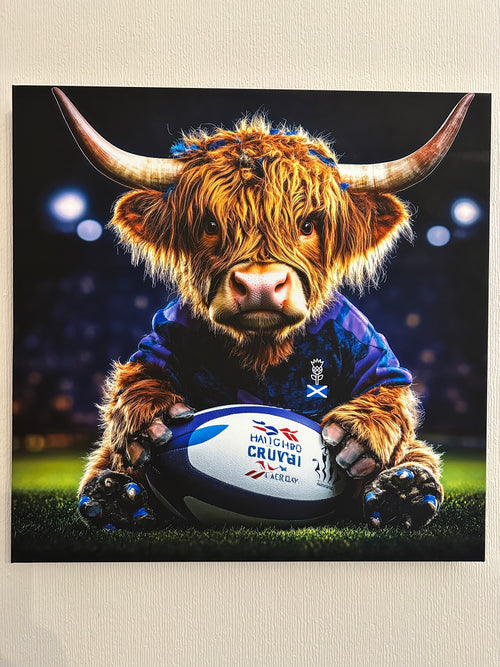 Highland cow in a blue jacket holding a rugby ball with a visible brand logo on a textured wall background.