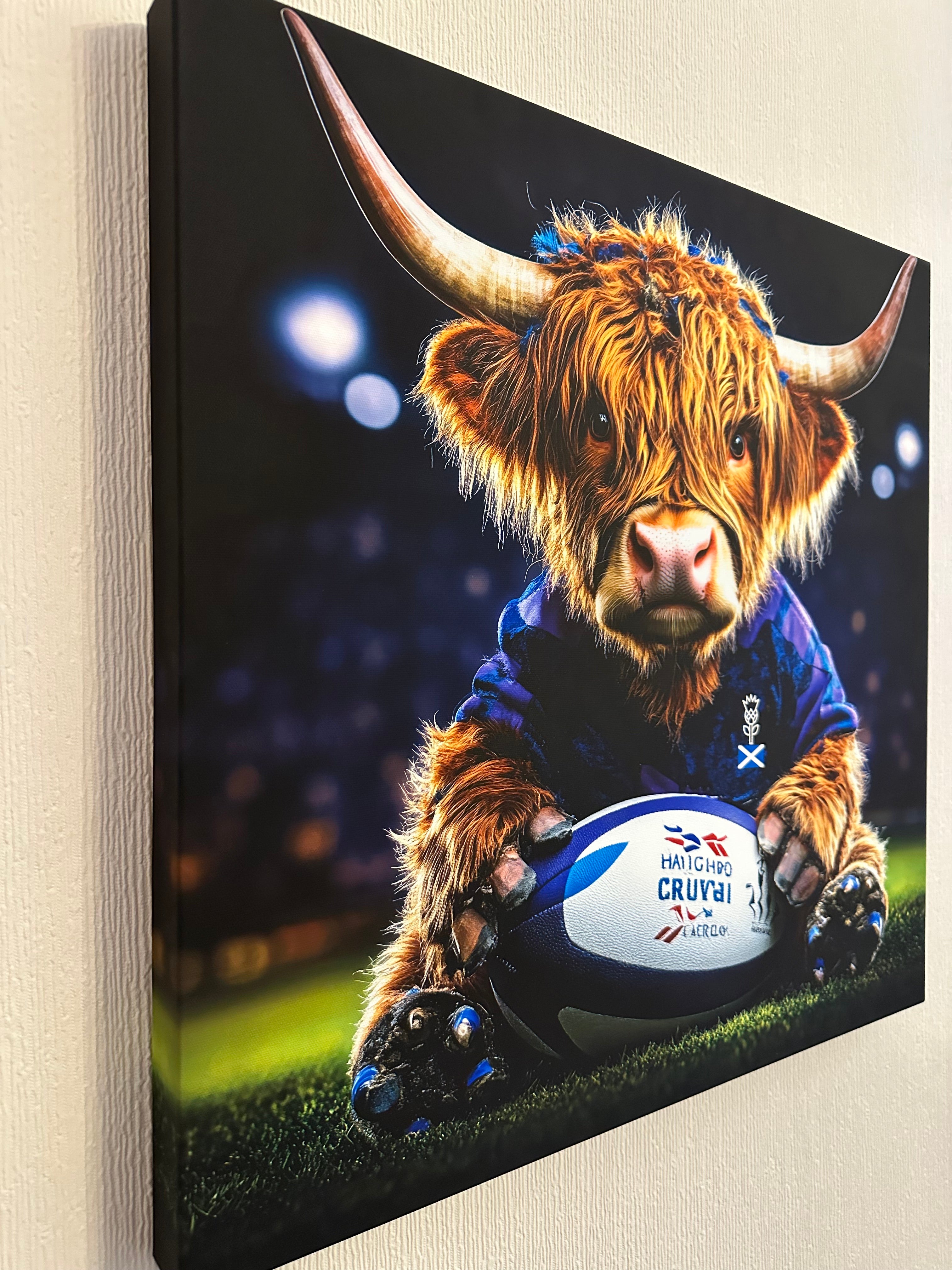 Highland cow holding a rugby ball with a dark background