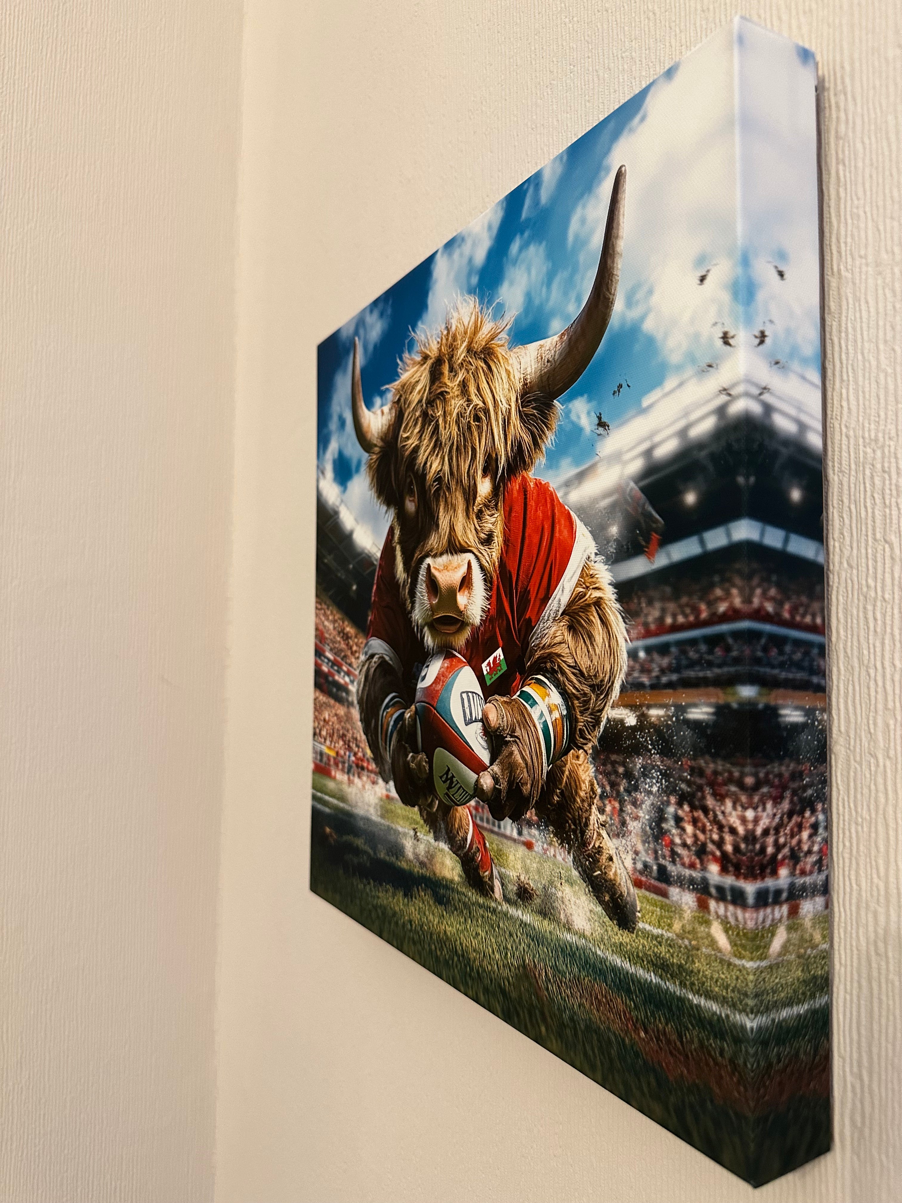 Framed artwork of a person in traditional attire with a scenic background