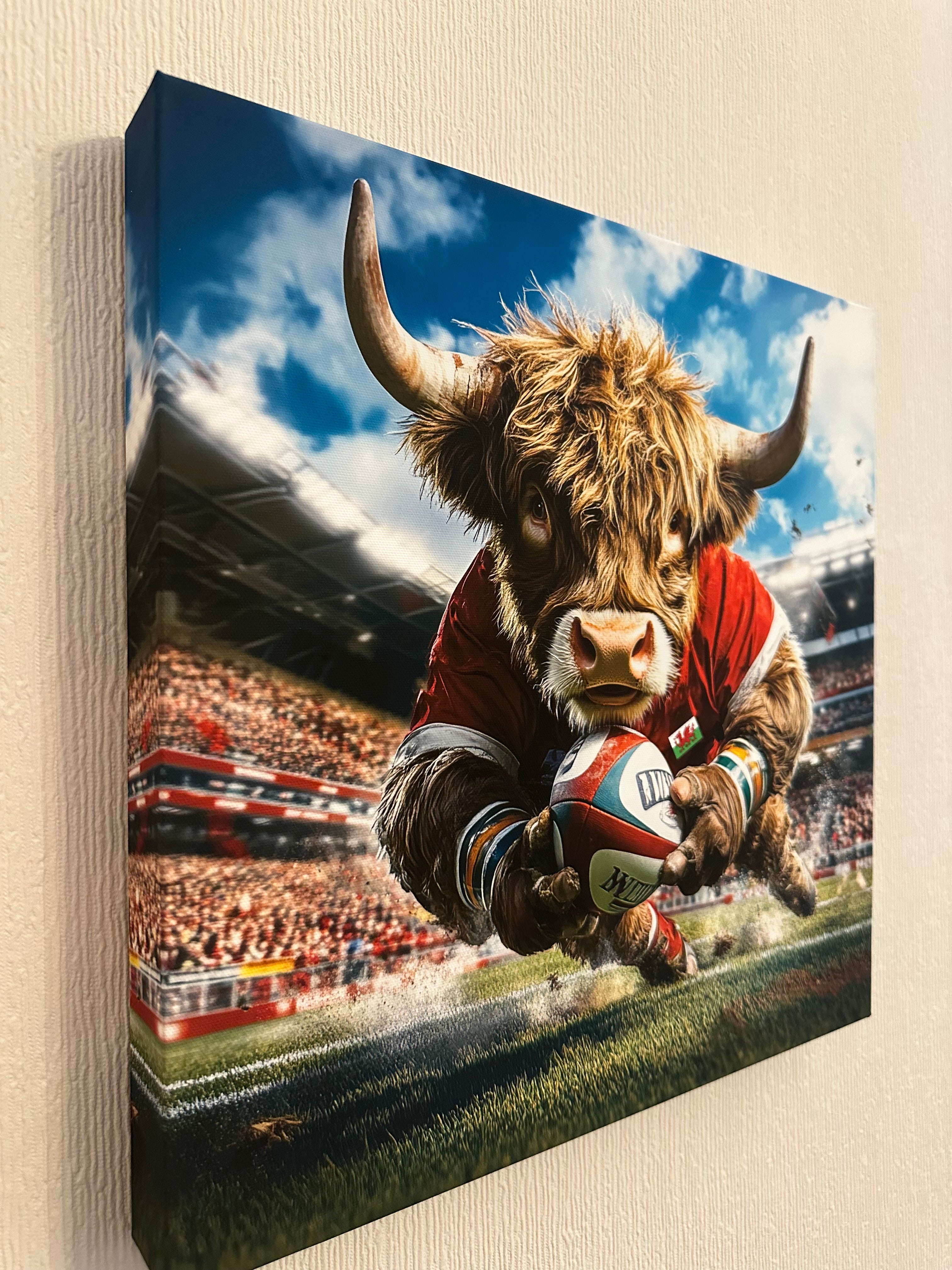 Canvas print of a bull in a rodeo arena with a blue sky background
