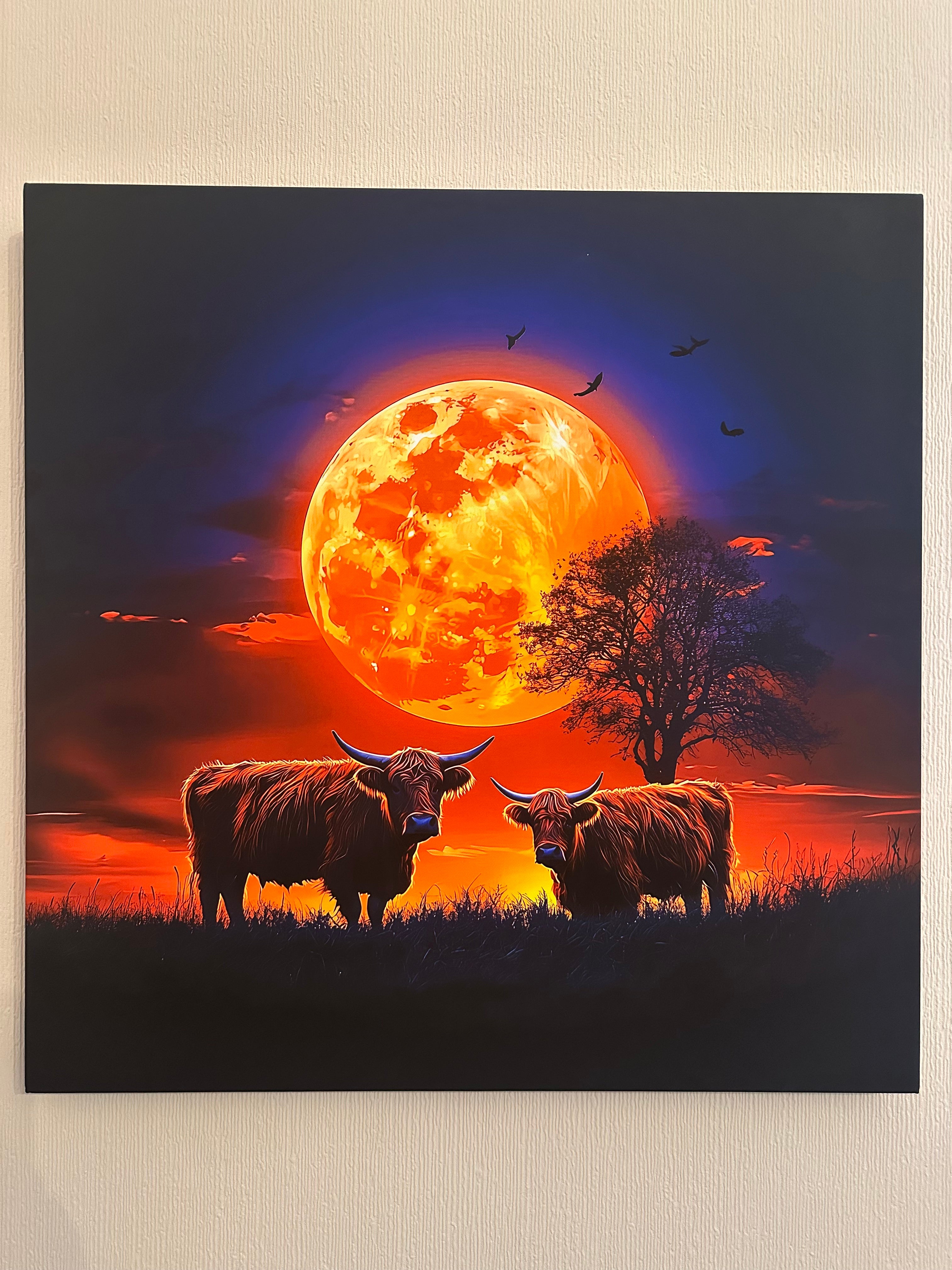 Highland cows at sunset