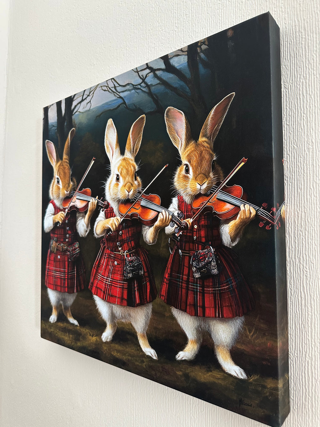 Canvas print of rabbits playing musical instruments with a plaid pattern