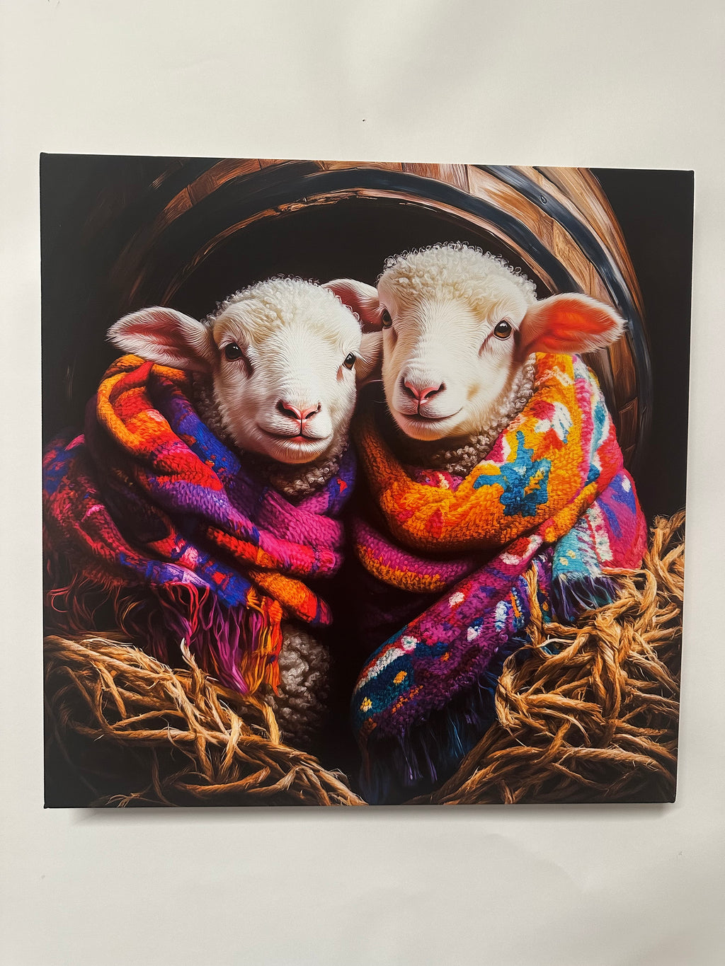 Two sheep in a basket with colorful blankets on a light background