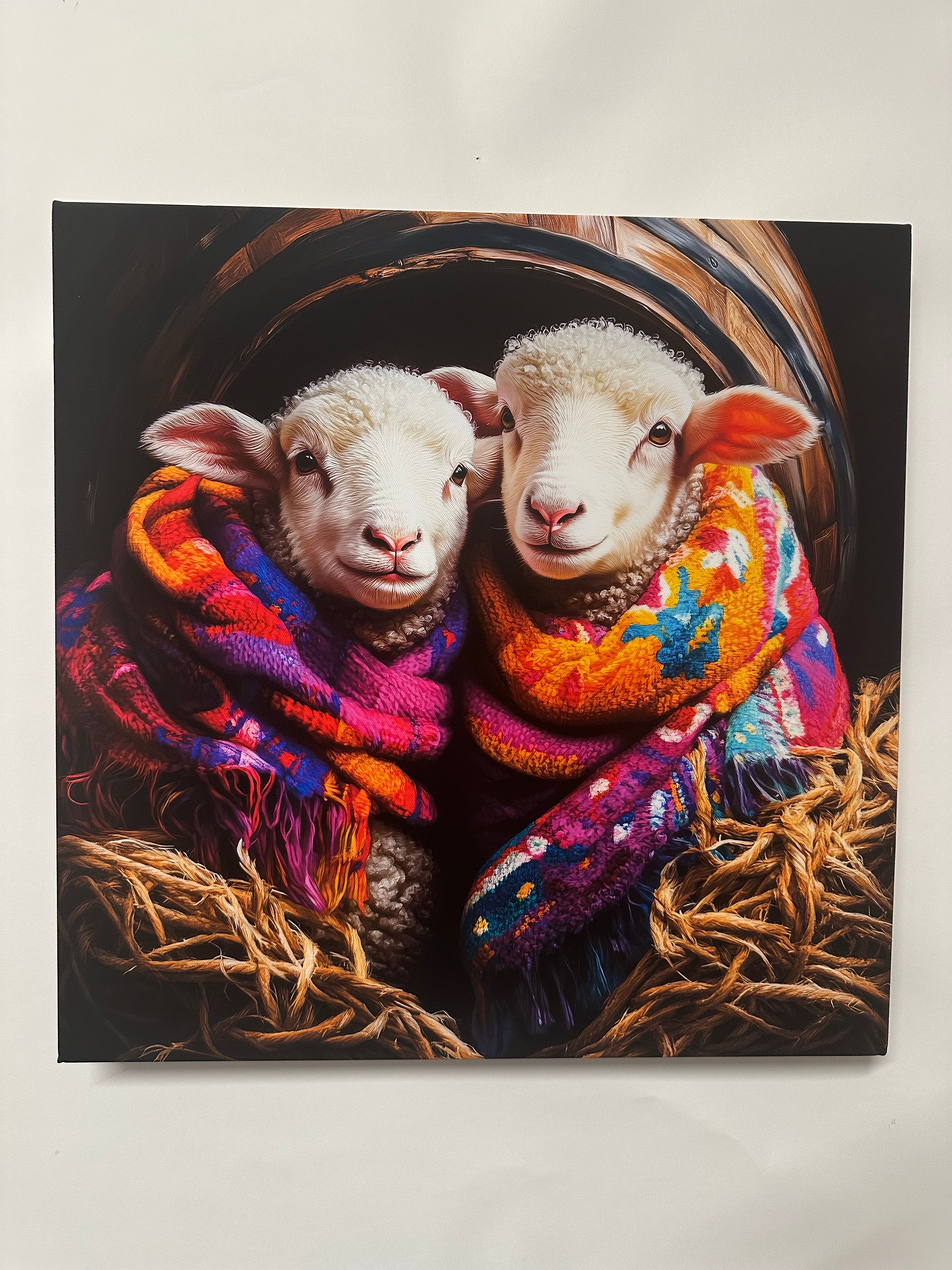 Two sheep in a basket with colorful blankets on a light background