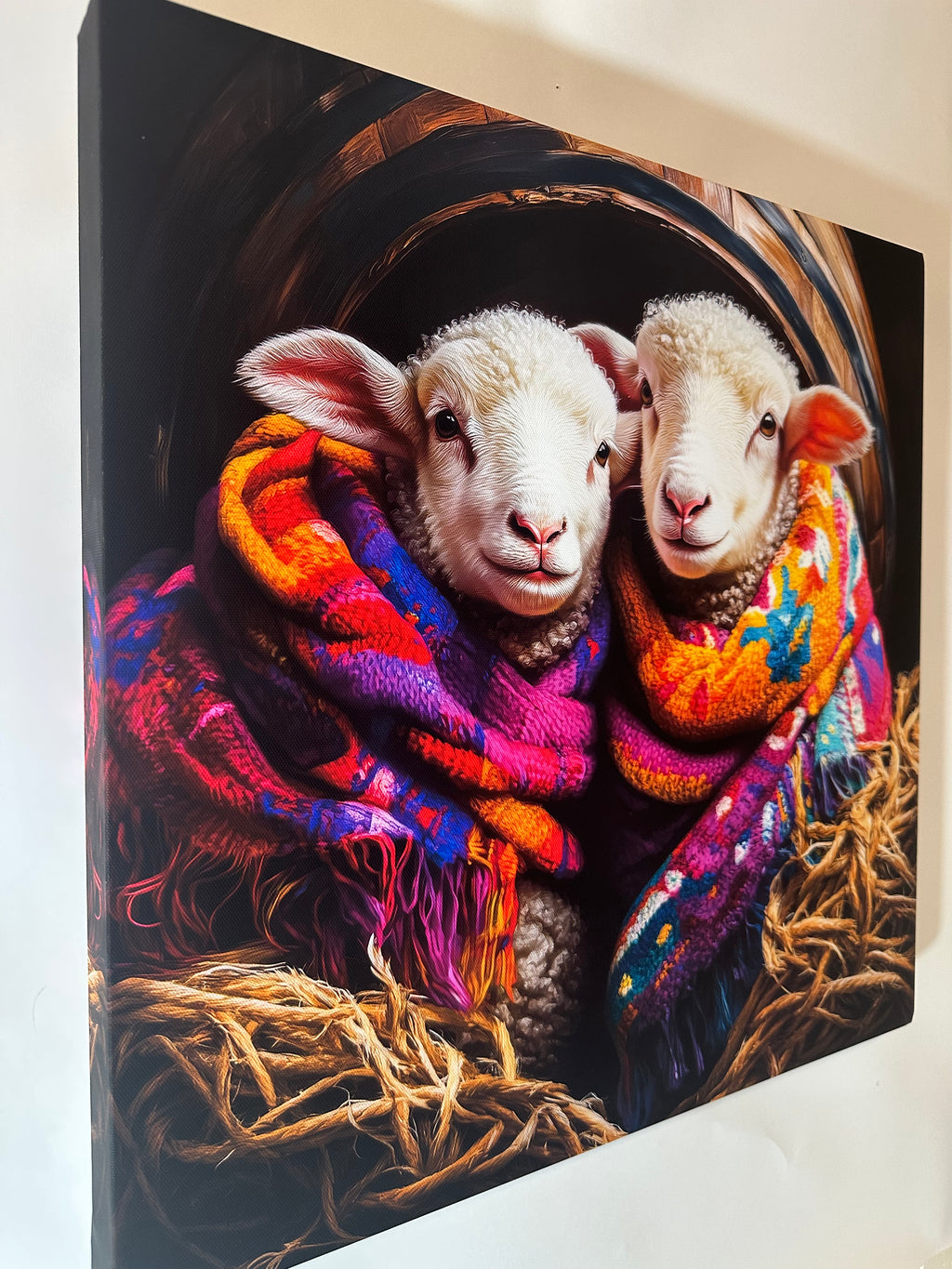Two sheep in colorful scarves on a dark background