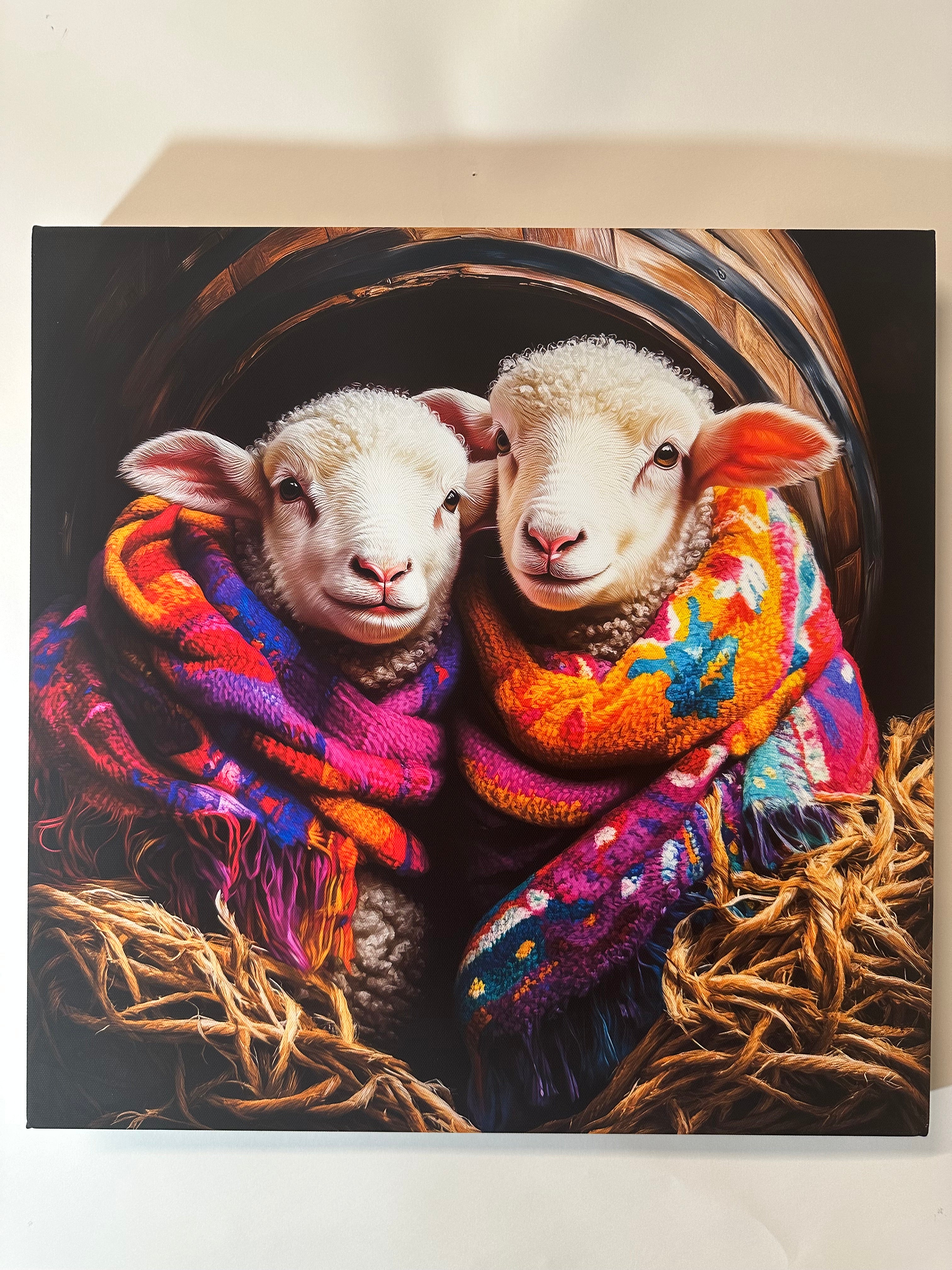 Two sheep wearing colorful sweaters in a basket with hay.