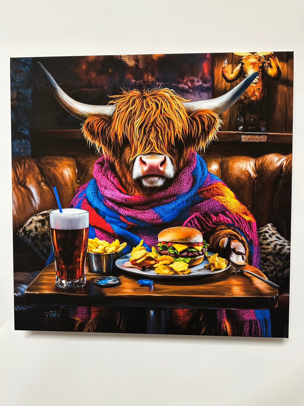 Highland cow wearing a colorful sweater with a bottle of beer in a bar setting