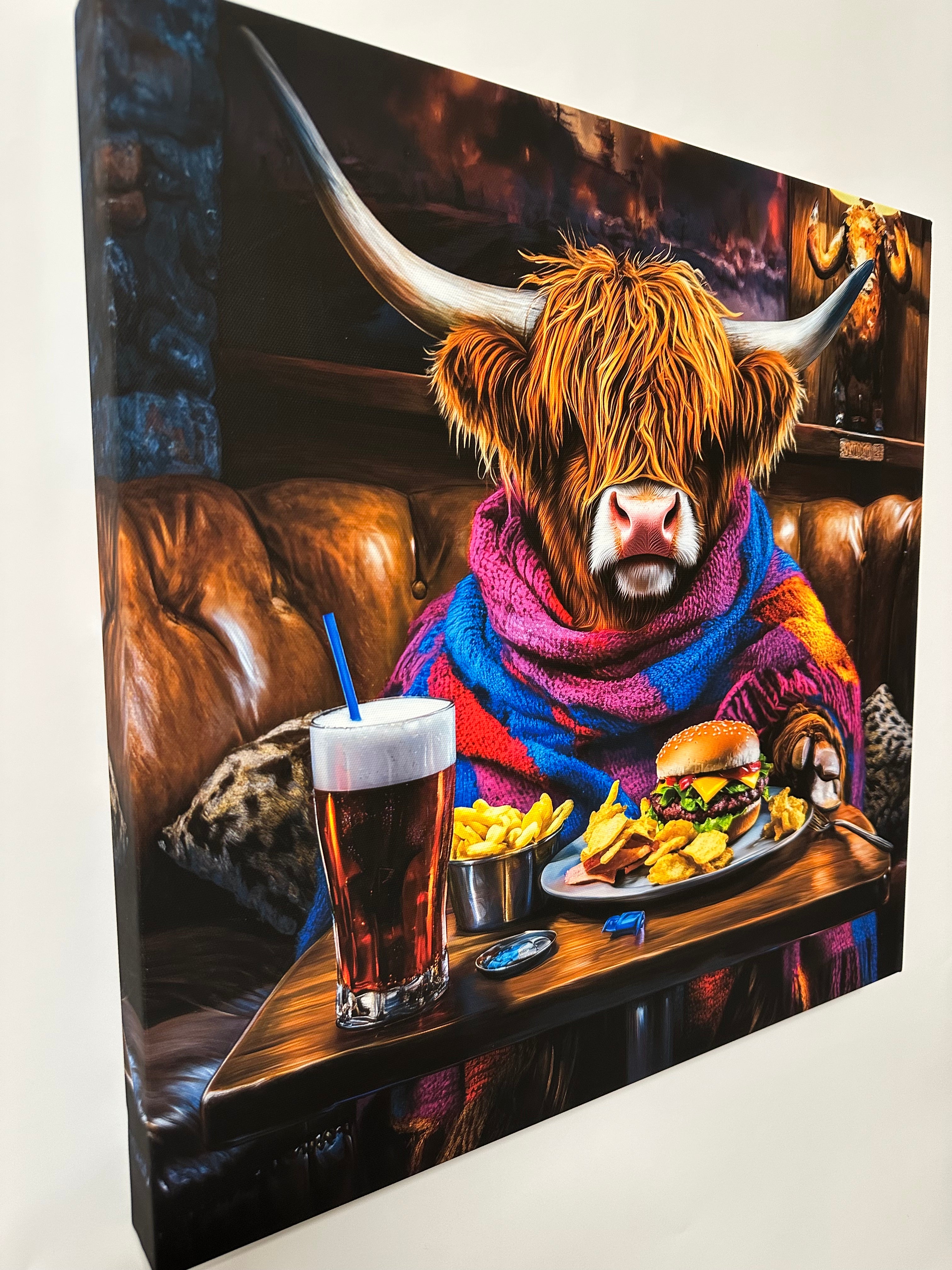 Highland cow wearing a colorful sweater with a beer mug and food on a table