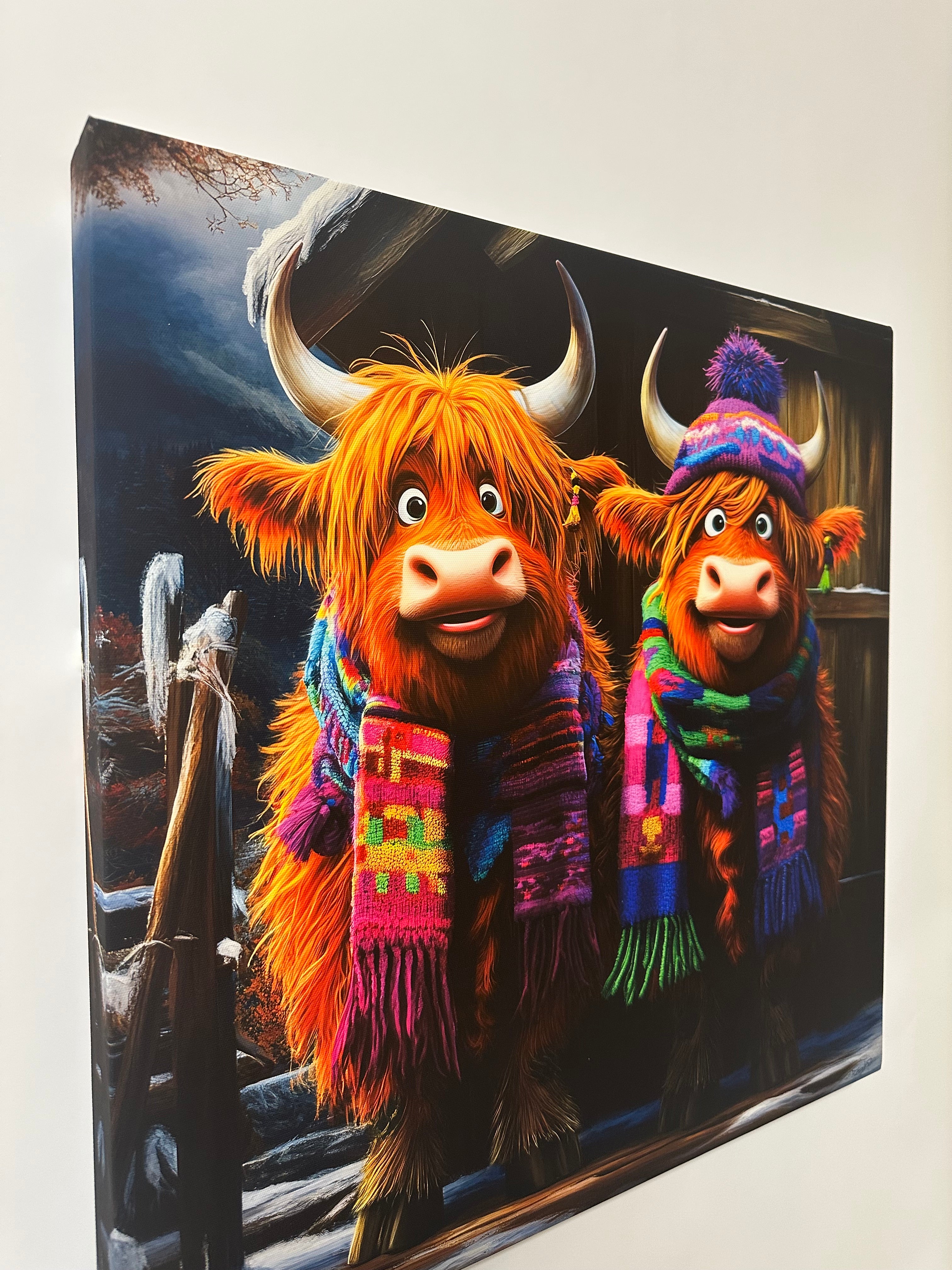 Colorful Highland cow with a black background