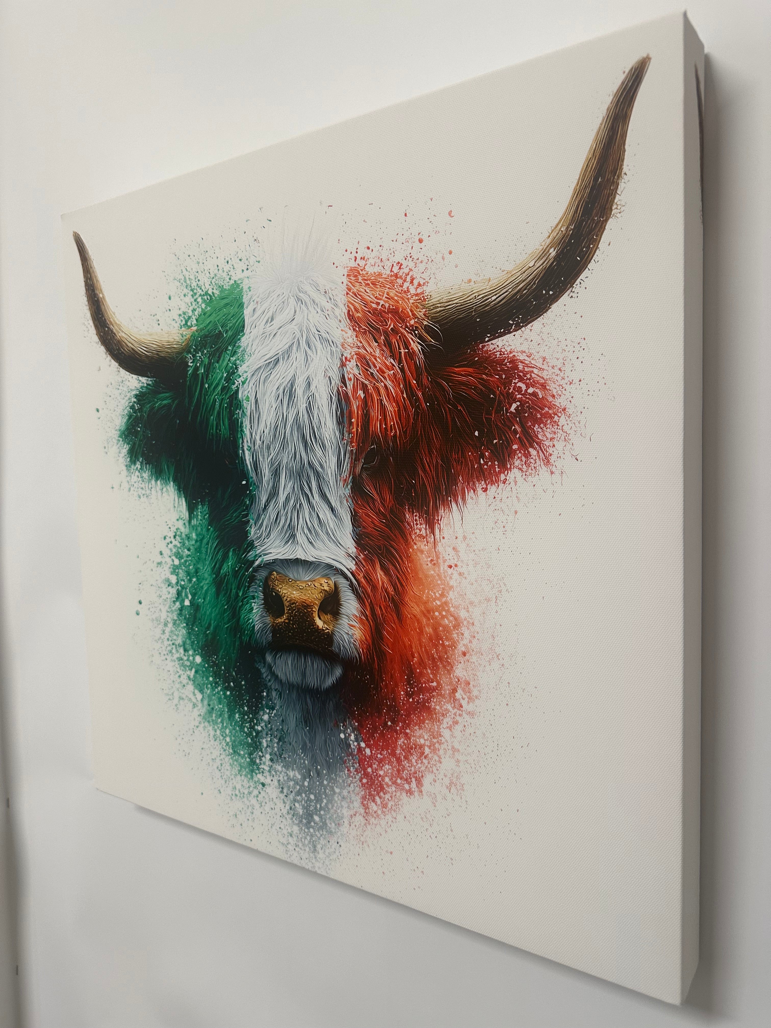 Abstract painting of a highland cow on a white background