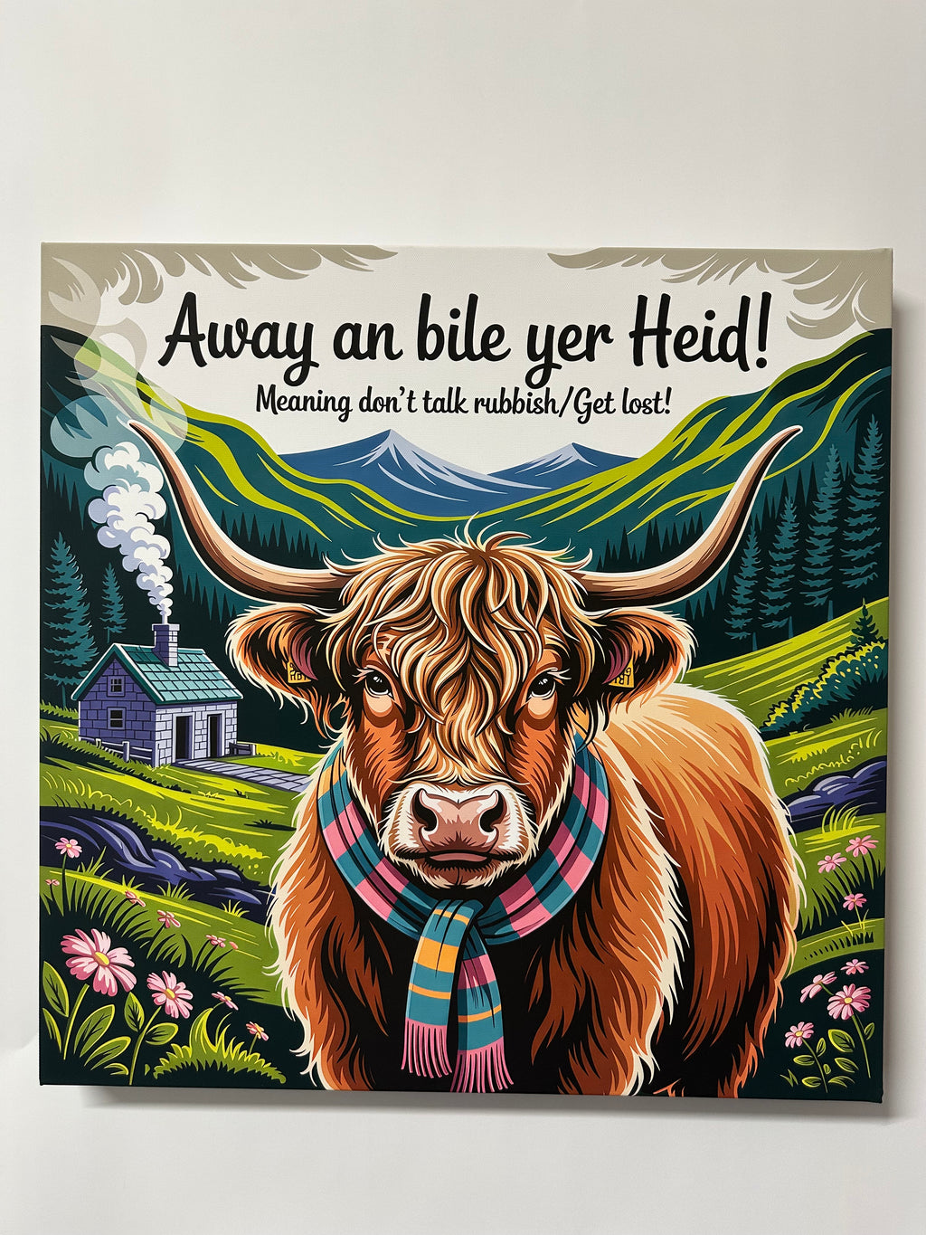 Colorful poster with a highland cow wearing a scarf against a nature-themed background.