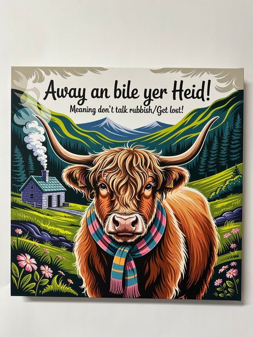 Colorful poster with a highland cow wearing a scarf against a nature-themed background.