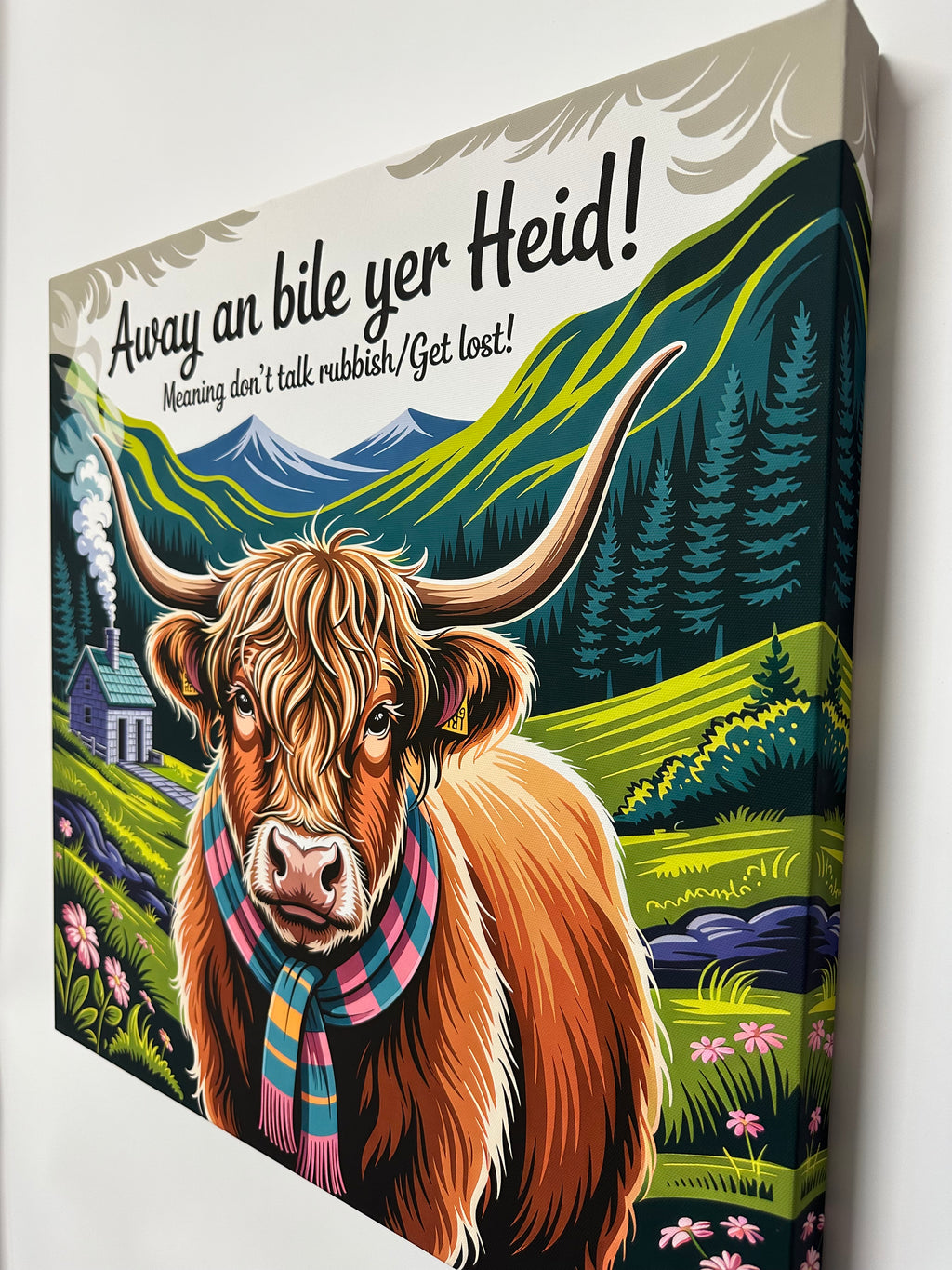 Book cover with a colorful illustration of a Highland cow and text on a white background