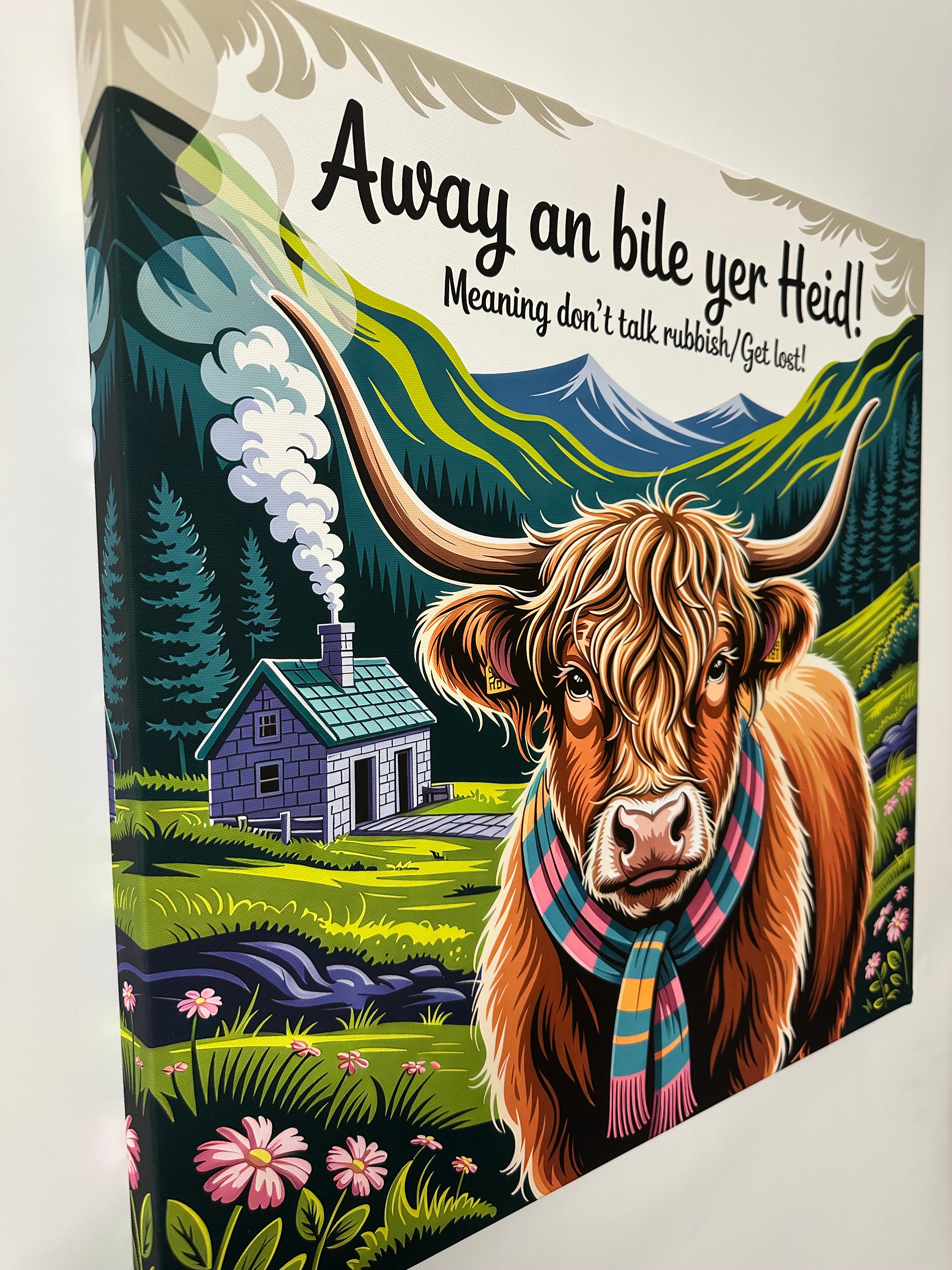 Colorful blanket with a highland cow design and text on a white background
