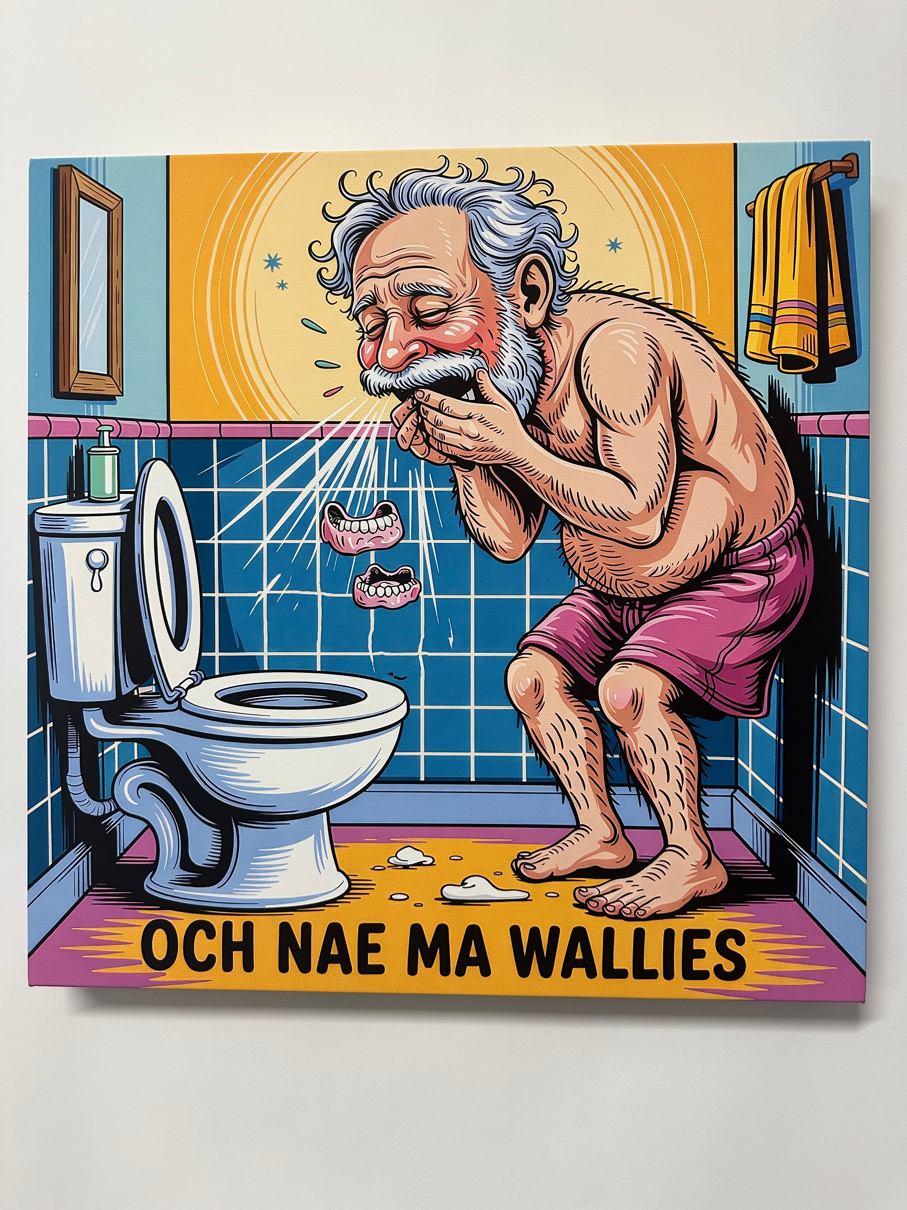 Illustration of a person falling into a toilet with text on a colorful background