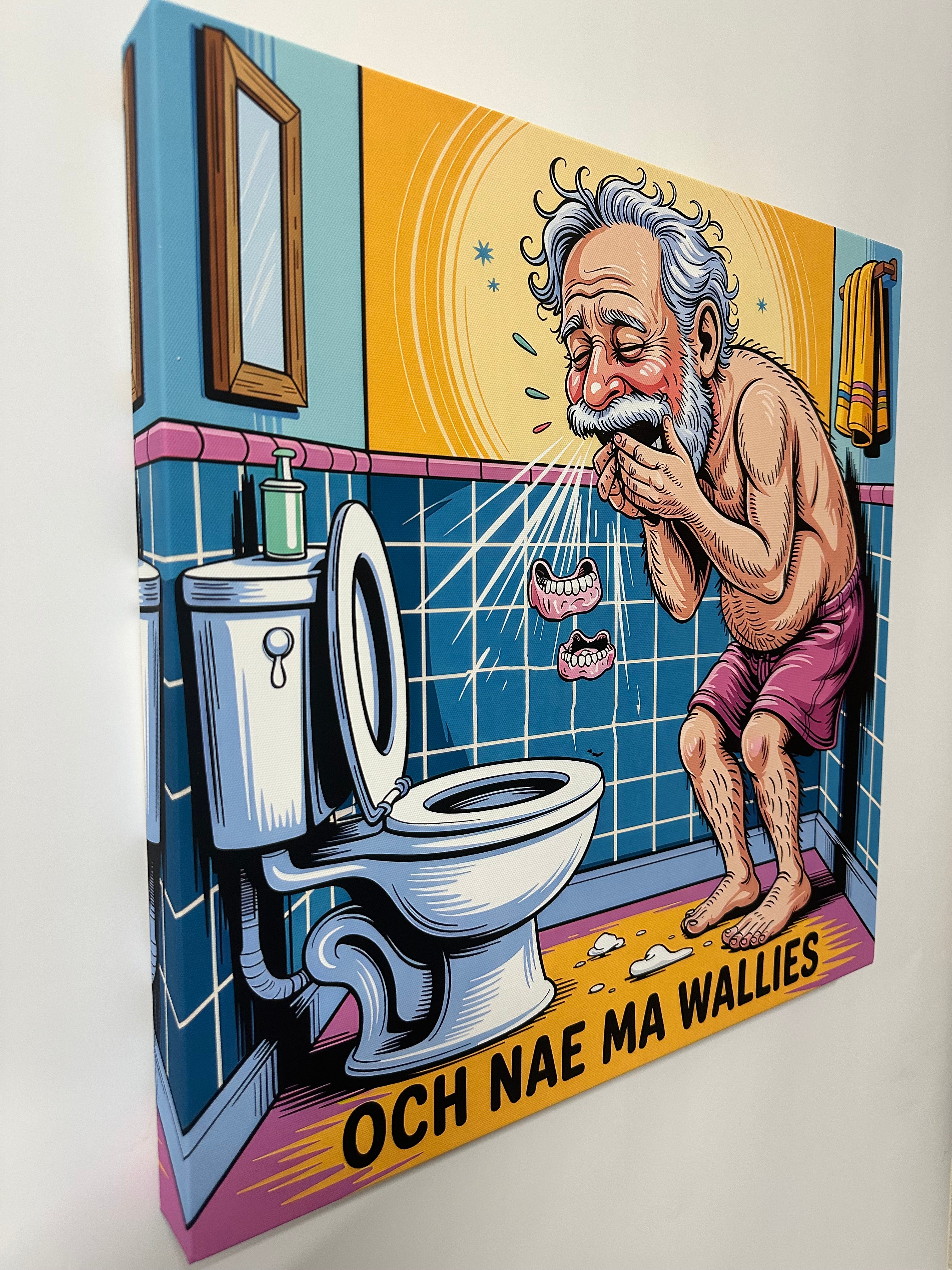 Cartoon-style illustration of a man in a bathtub with a toilet in the foreground on a colorful background.