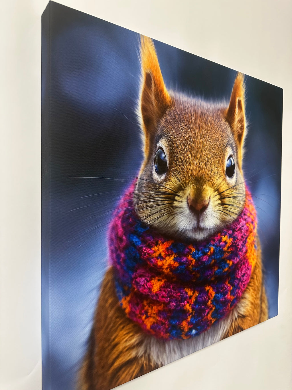 Squirrel wearing a colorful scarf on a blue background