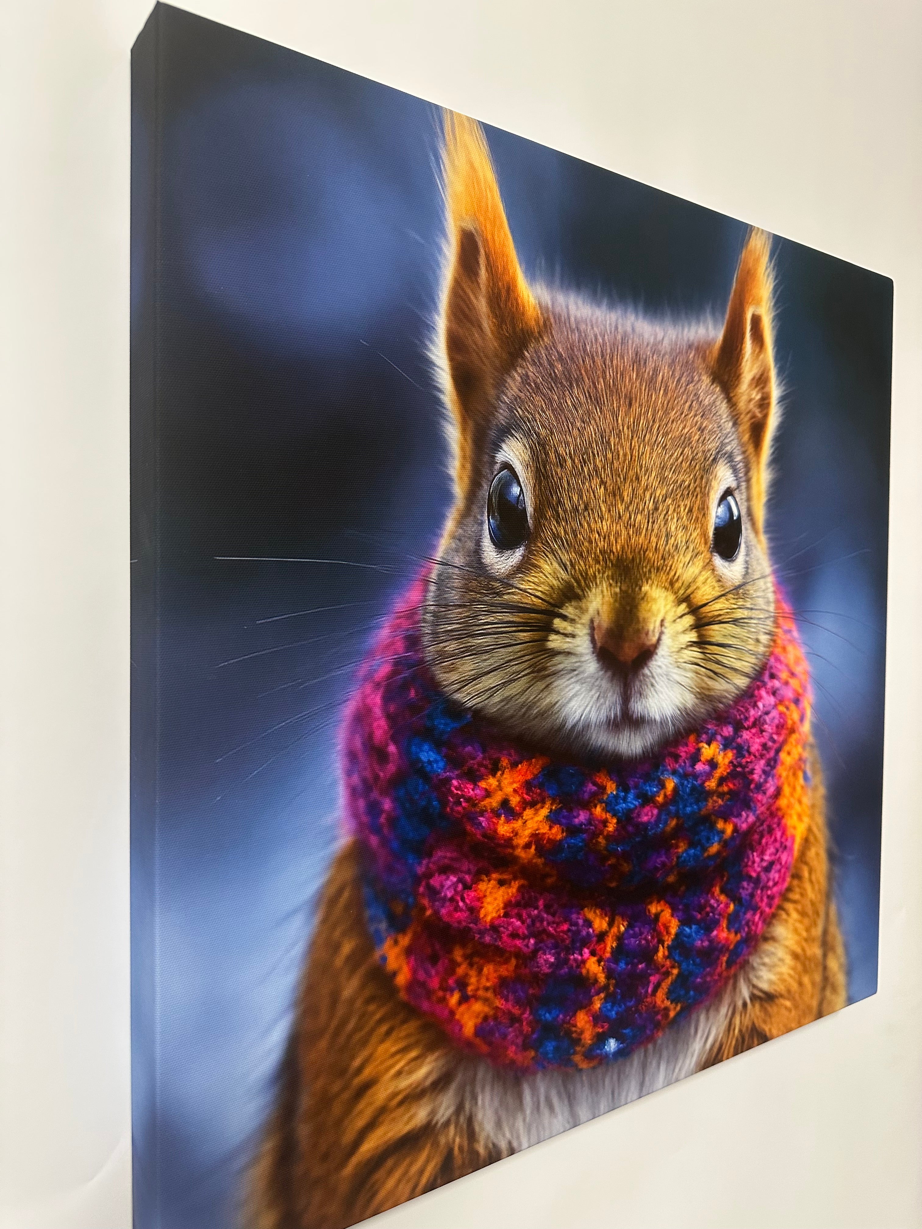 Squirrel wearing a colorful scarf on a blue background