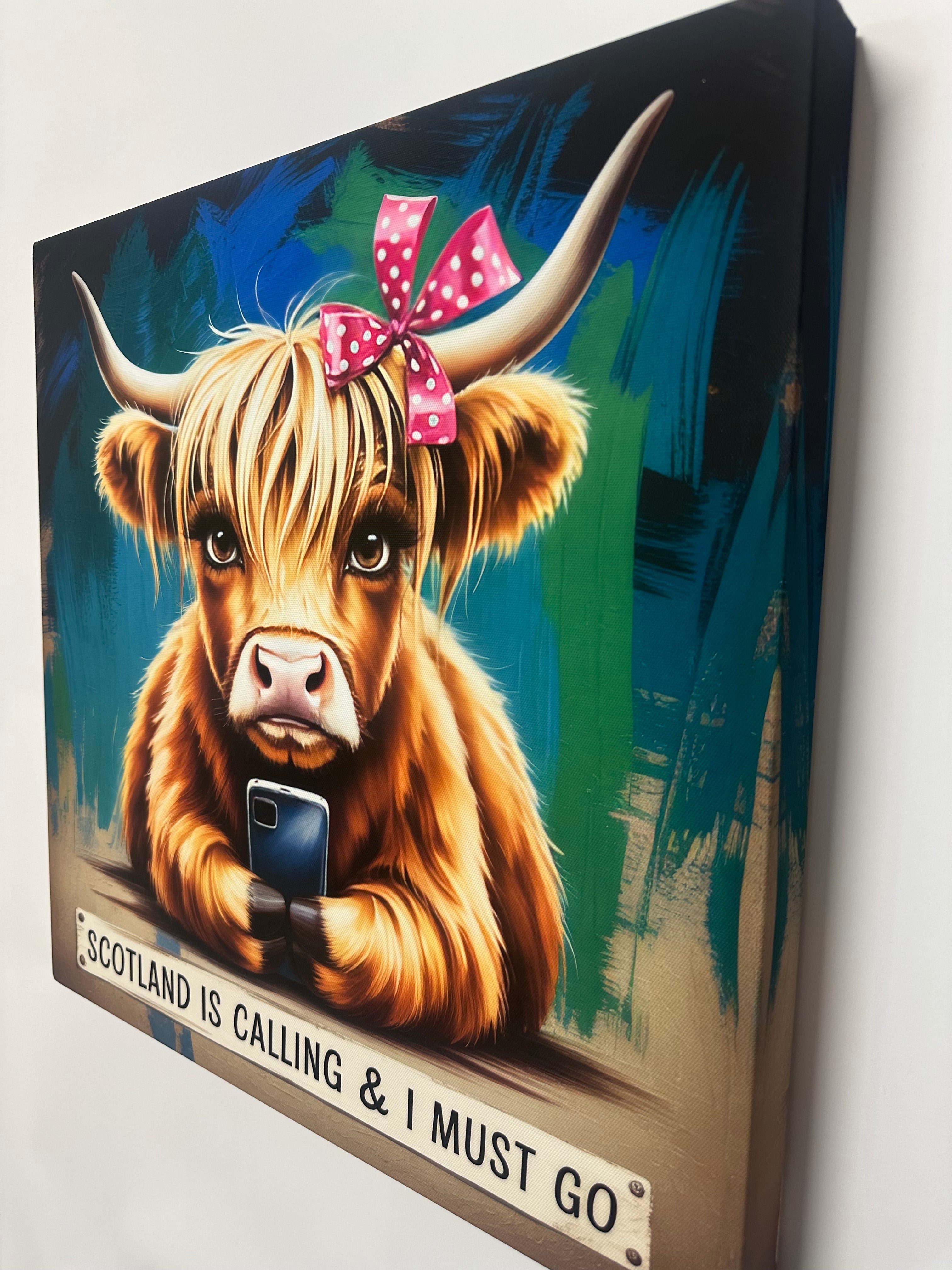 Painting of a Highland cow with a pink bow on a blue background, featuring text 'Scotland is calling & I must go'.
