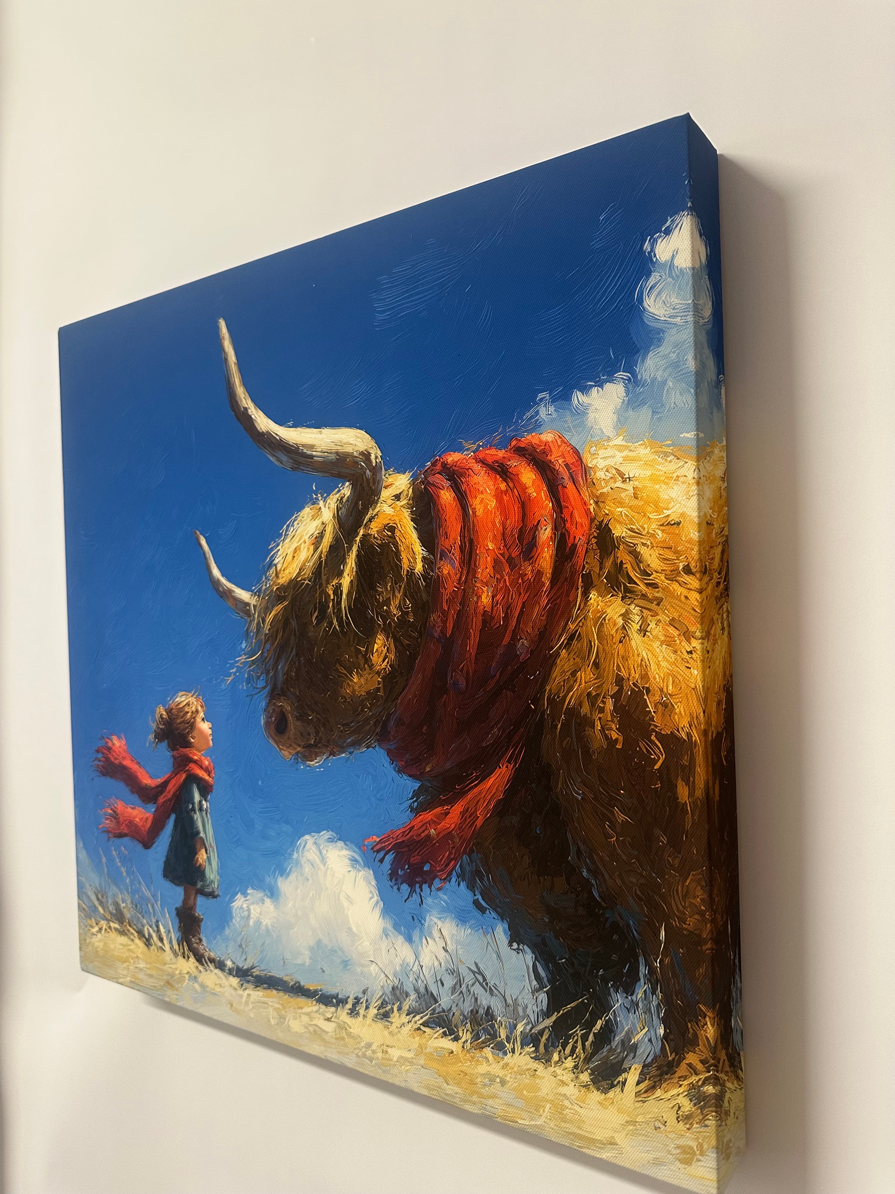 Canvas print of a painting with a large highland cow  with a wee girl looking into the cows eye