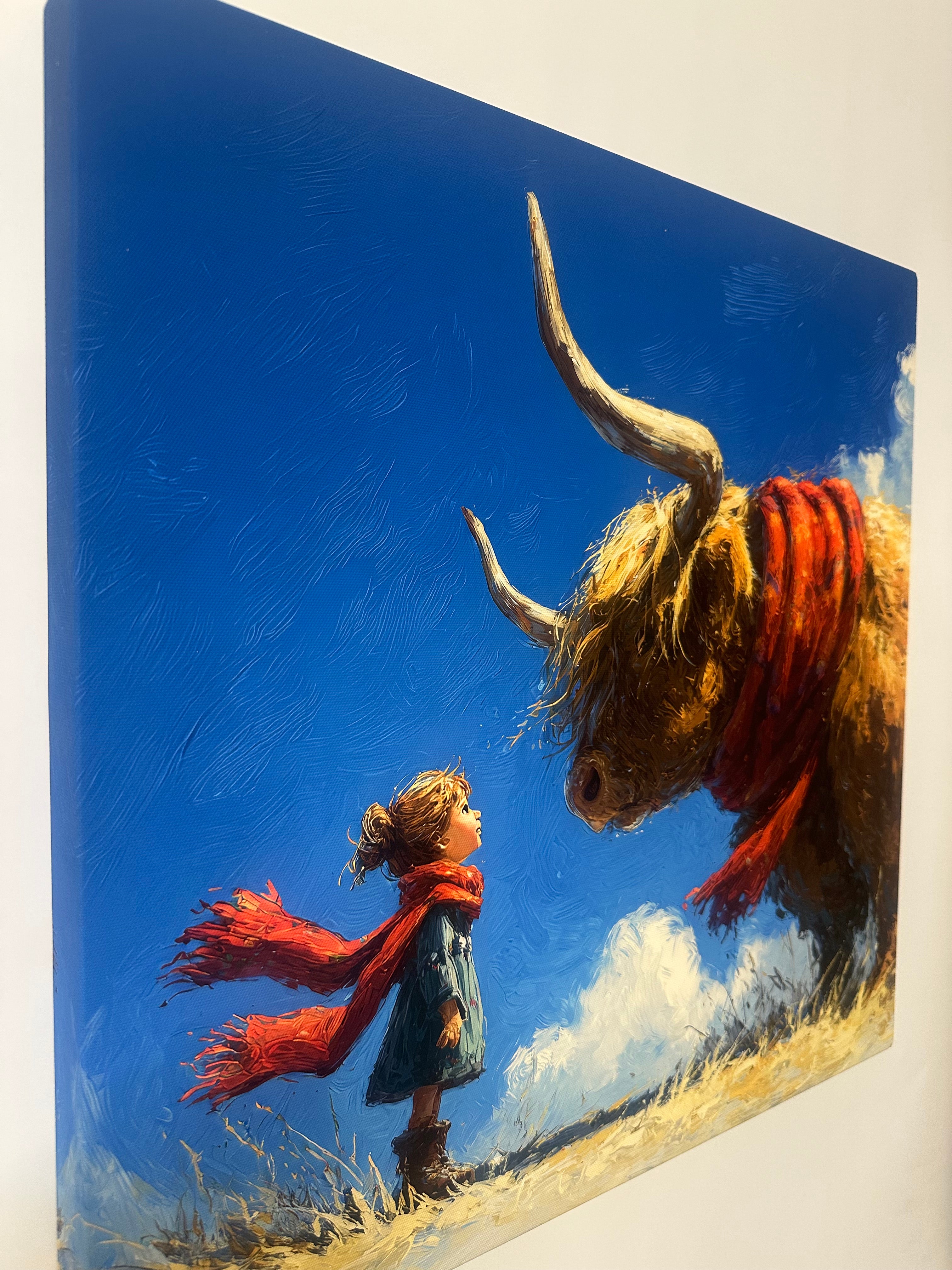 Canvas wall art home decor of a highland cow and a wee girl looking into the cows eye