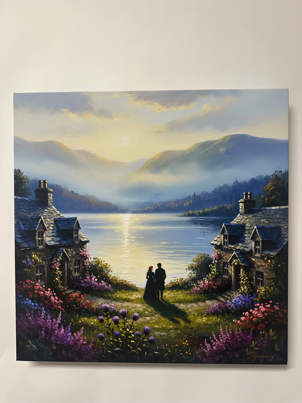 Landscape painting of a lake with mountains and a house, featuring purple flowers.