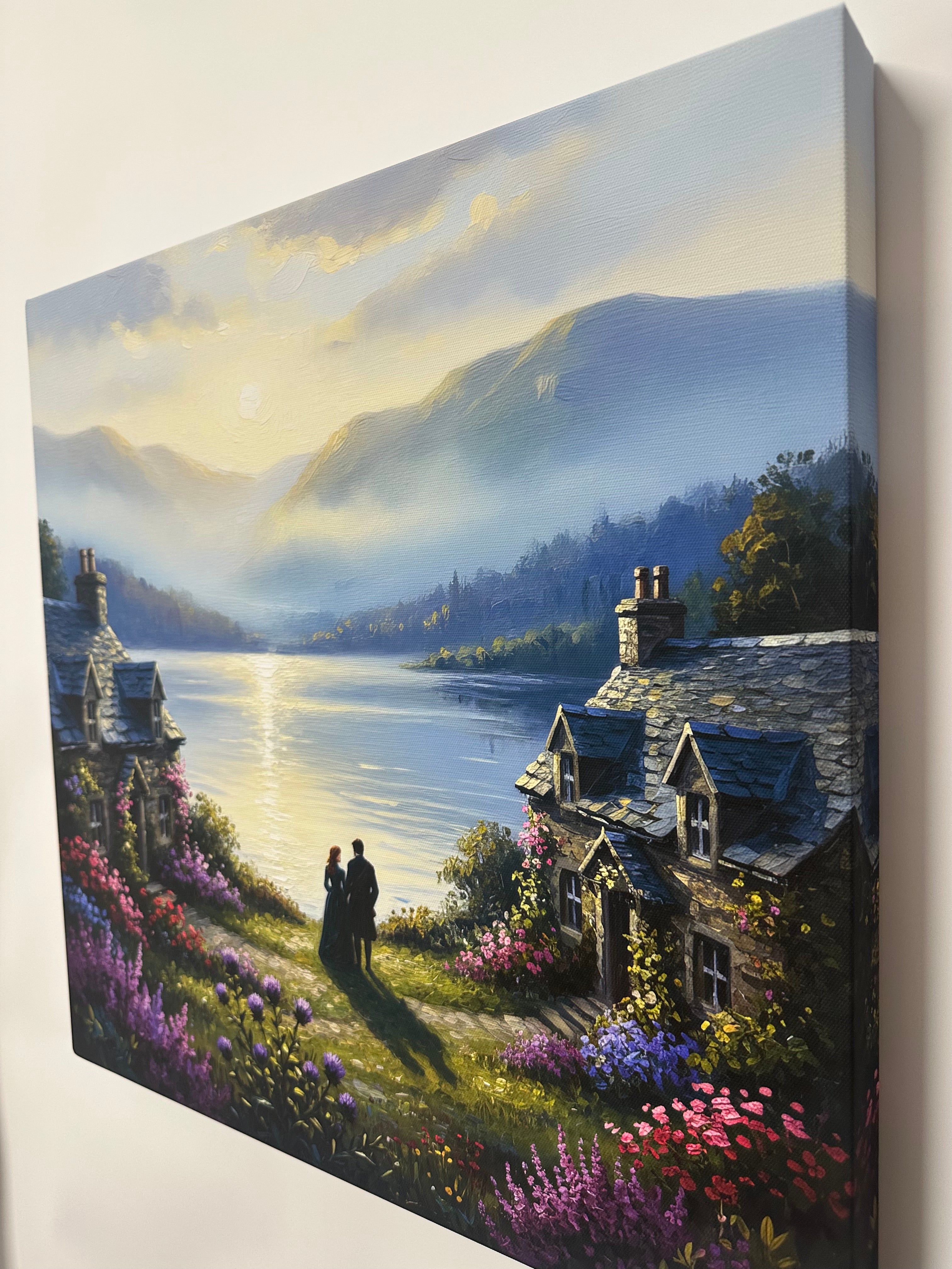 Canvas print of a scenic landscape with a house and garden.