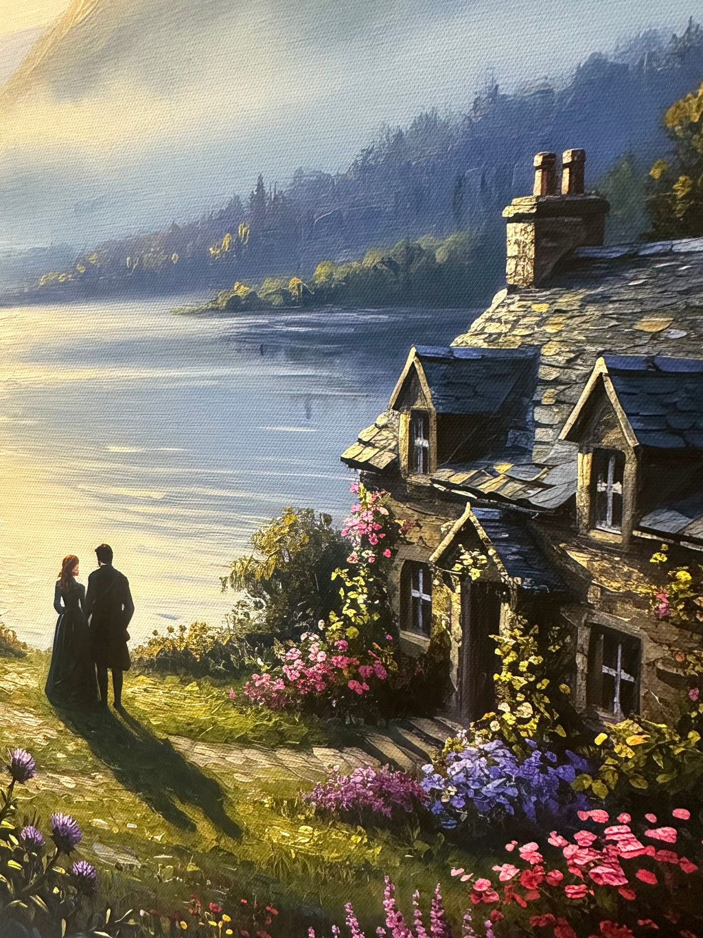 Stylized painting of a quaint house by a lake with colorful flowers in the foreground.