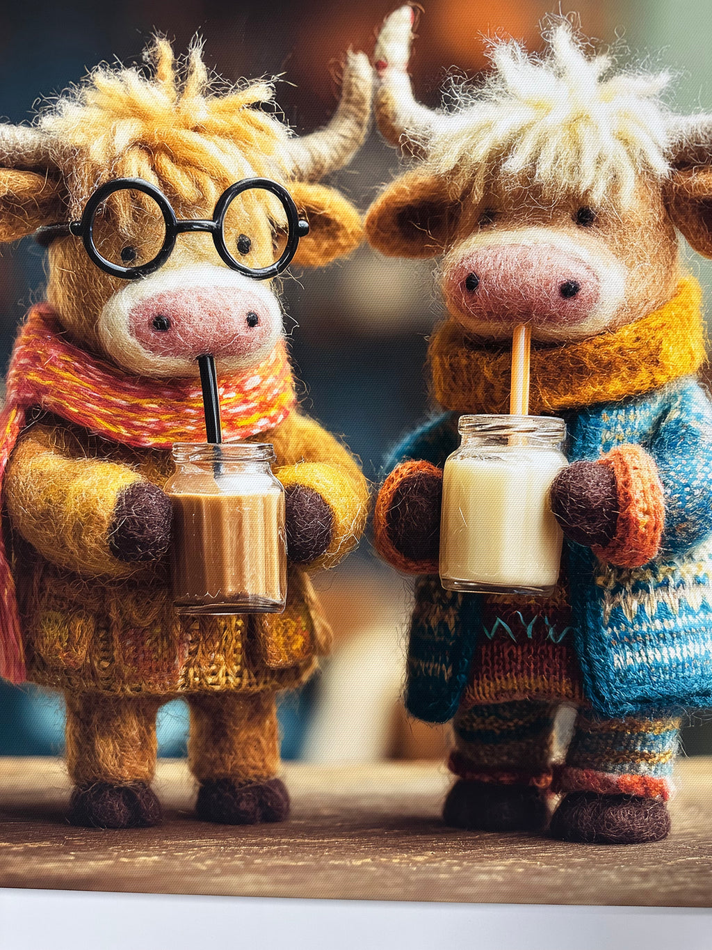 Two toy animals with glasses and bottles on a wooden surface