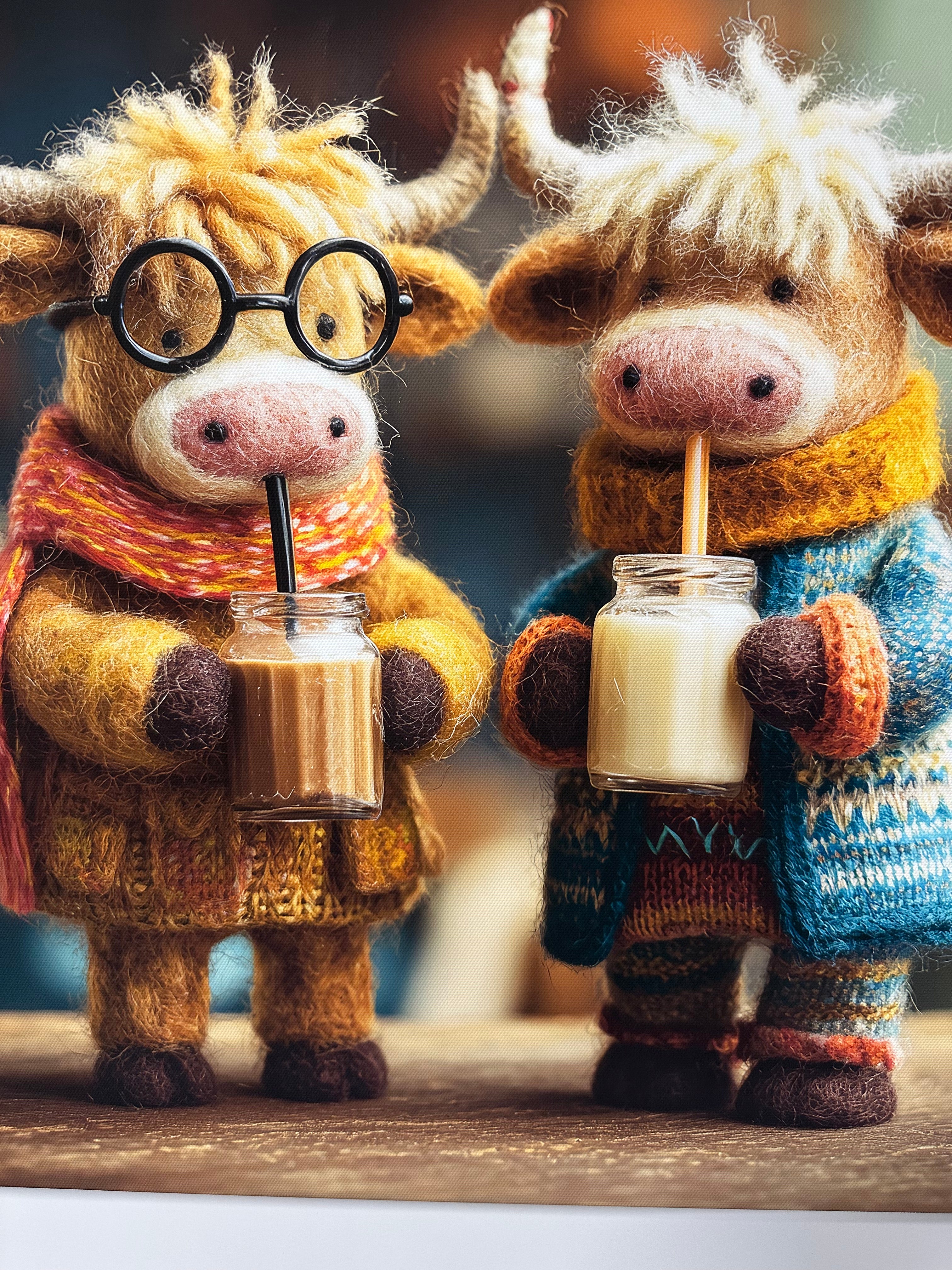 Two toy animals with glasses and bottles on a wooden surface